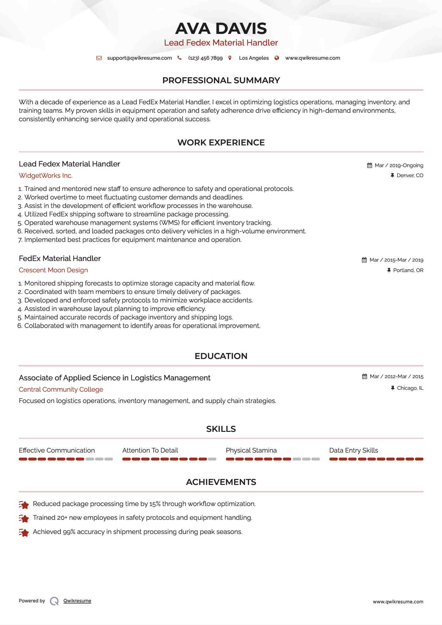 Lead Fedex Material Handler Resume Example