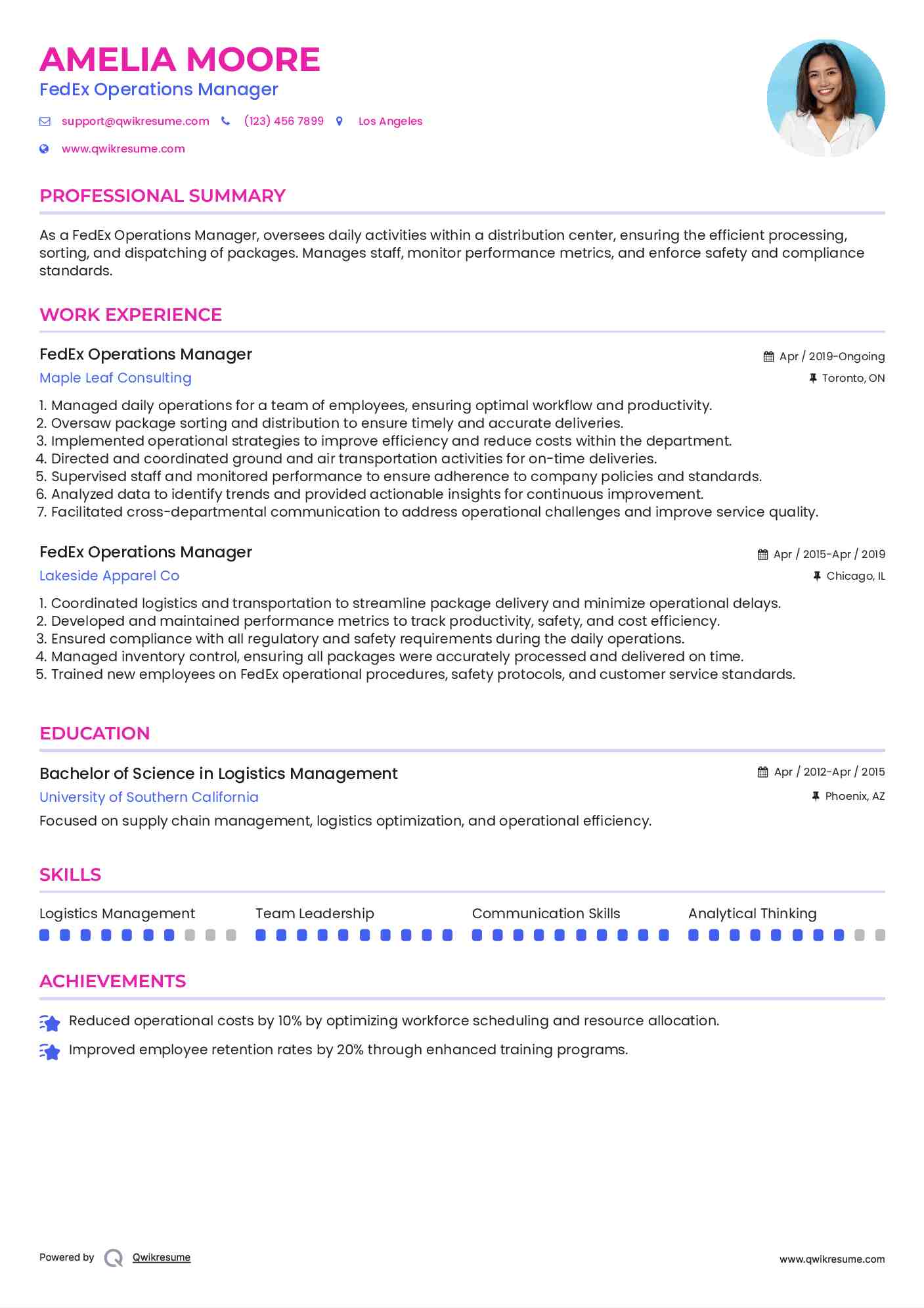 FedEx Operations Manager Resume Format