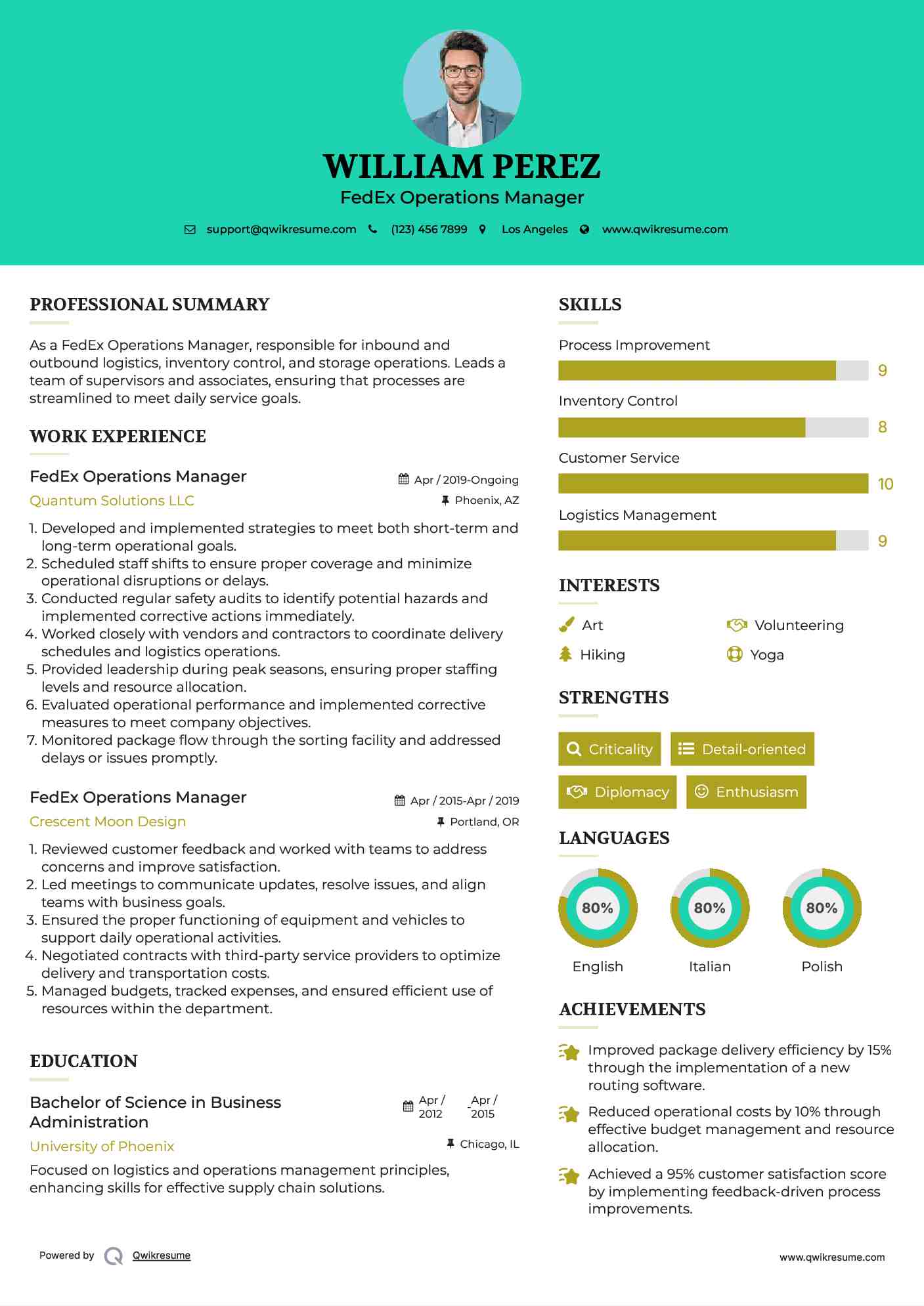 FedEx Operations Manager Resume Sample