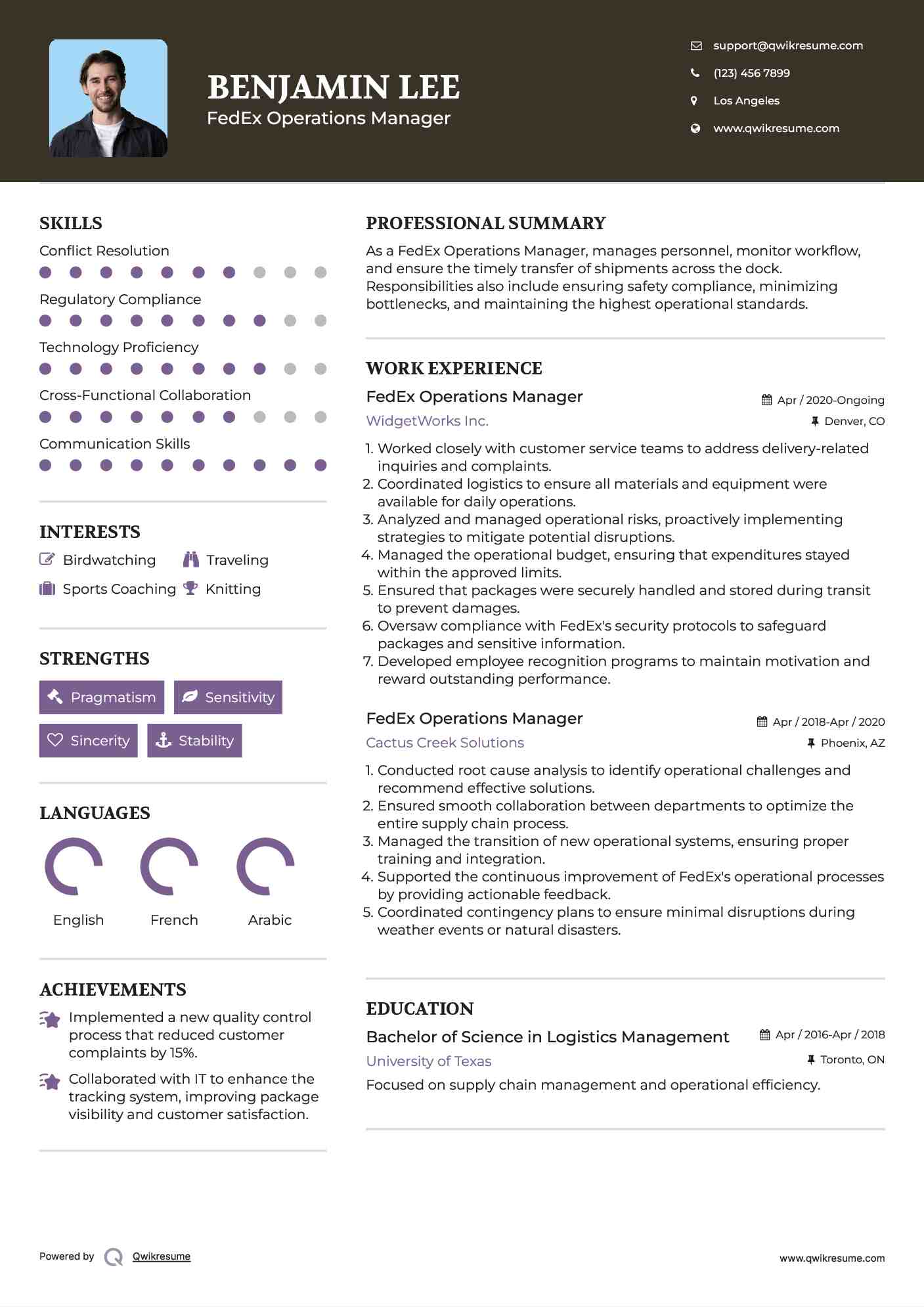 FedEx Operations Manager Resume Sample