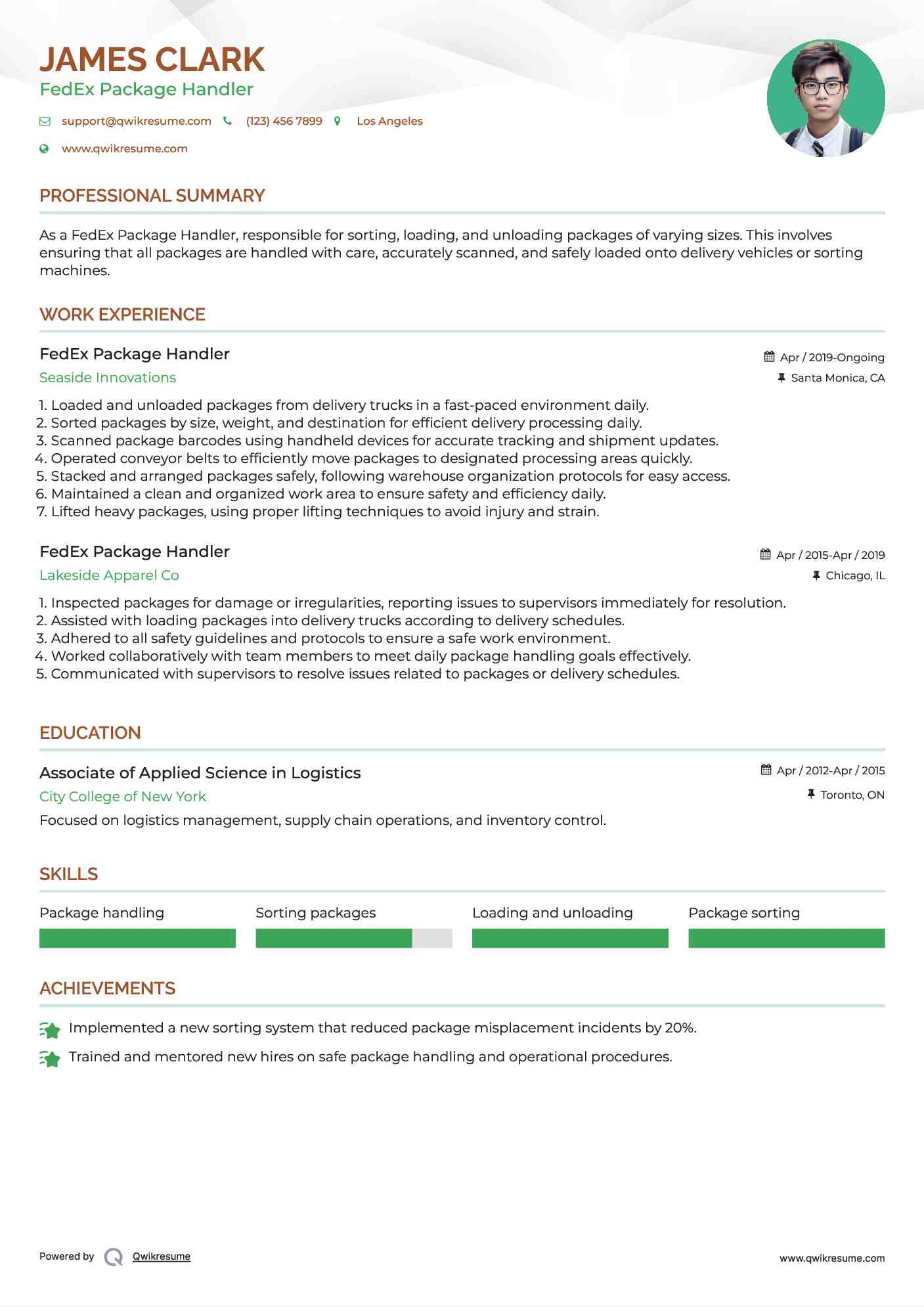 FedEx Package Handler Resume Example