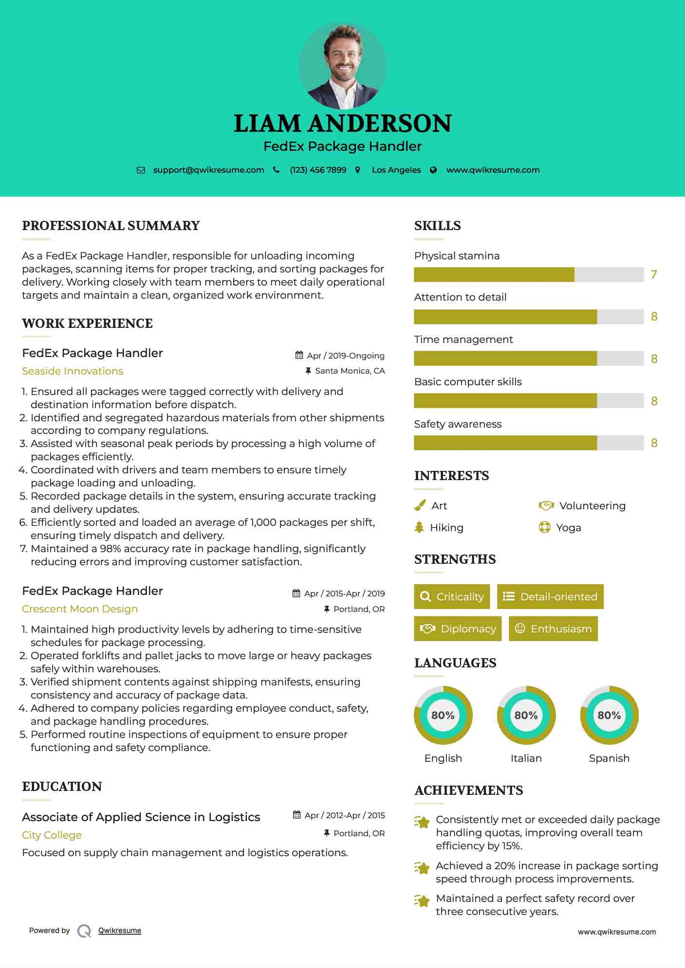 FedEx Package Handler Resume Format