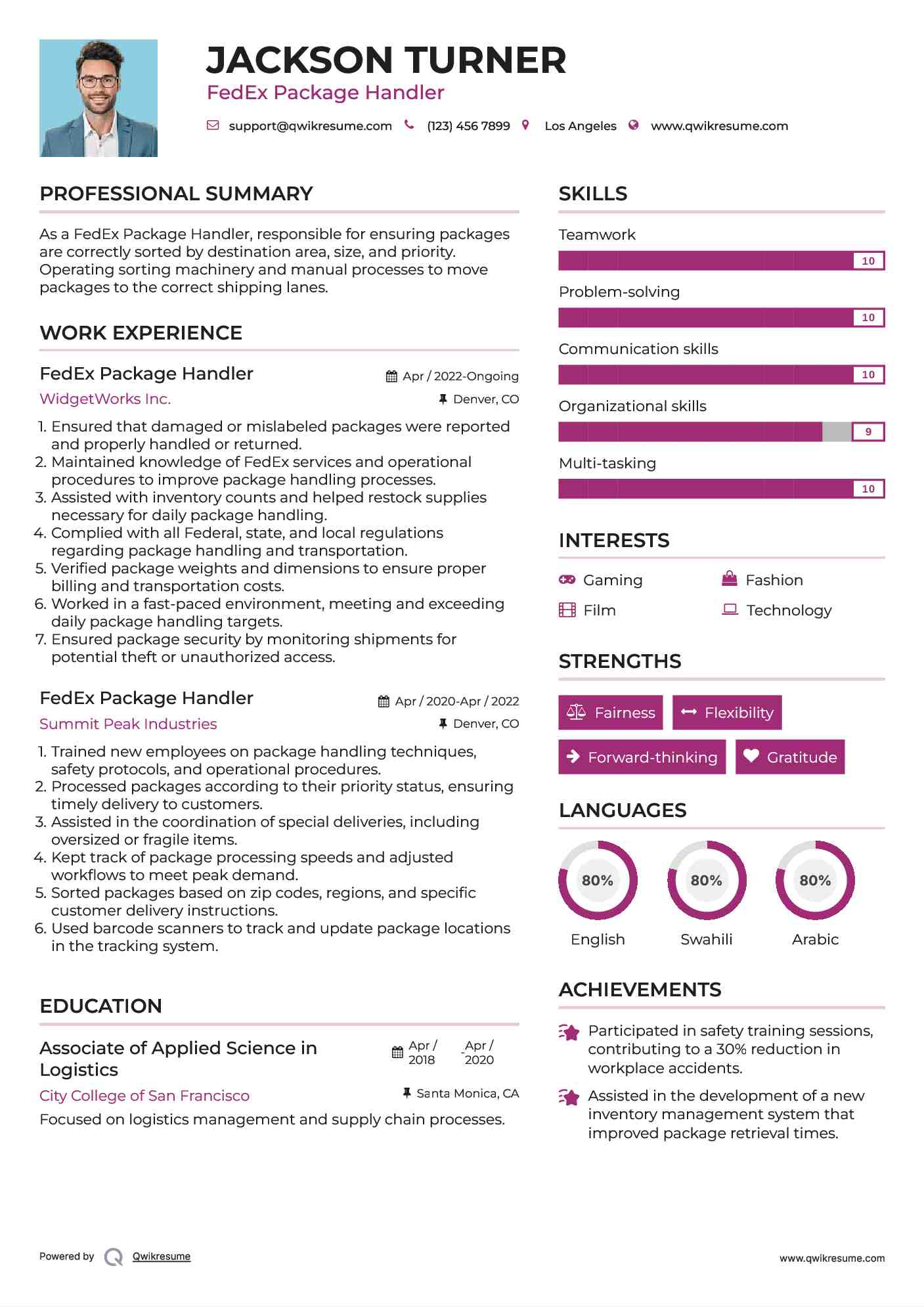 FedEx Package Handler Resume Format