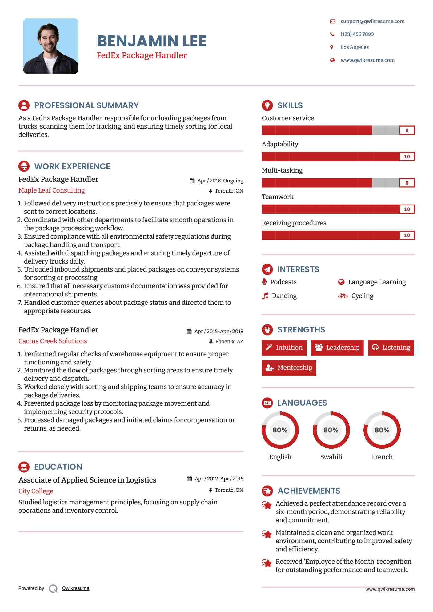FedEx Package Handler Resume Template