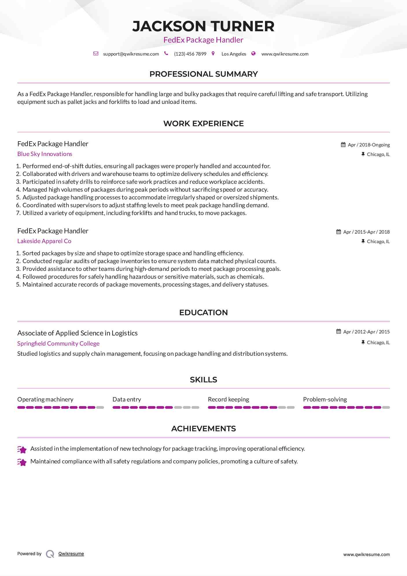 FedEx Package Handler Resume Template