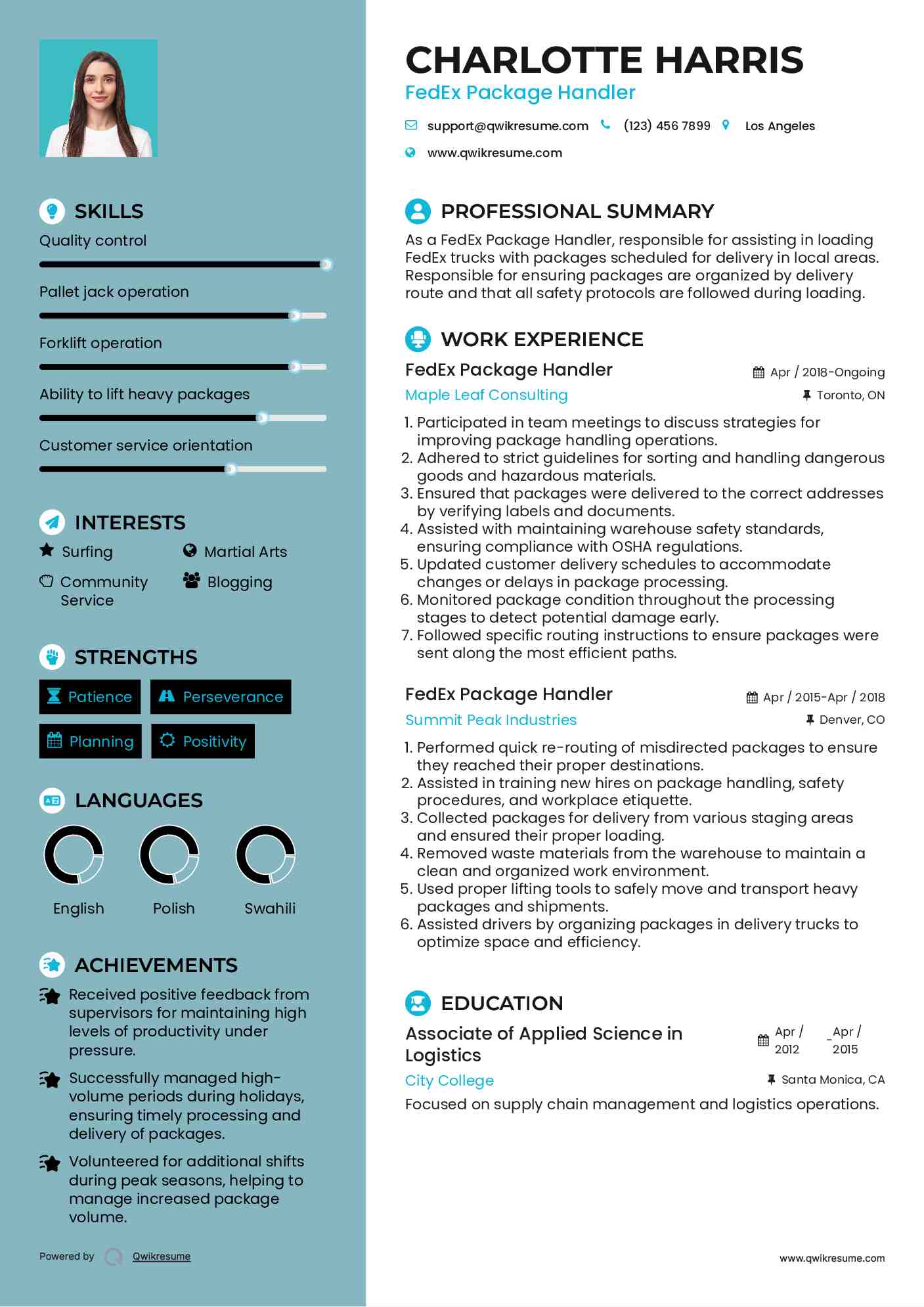 FedEx Package Handler Resume Sample