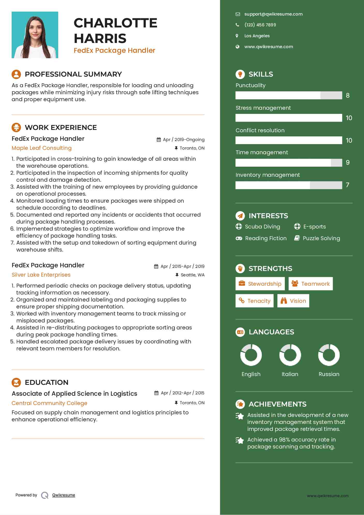 FedEx Package Handler Resume Sample