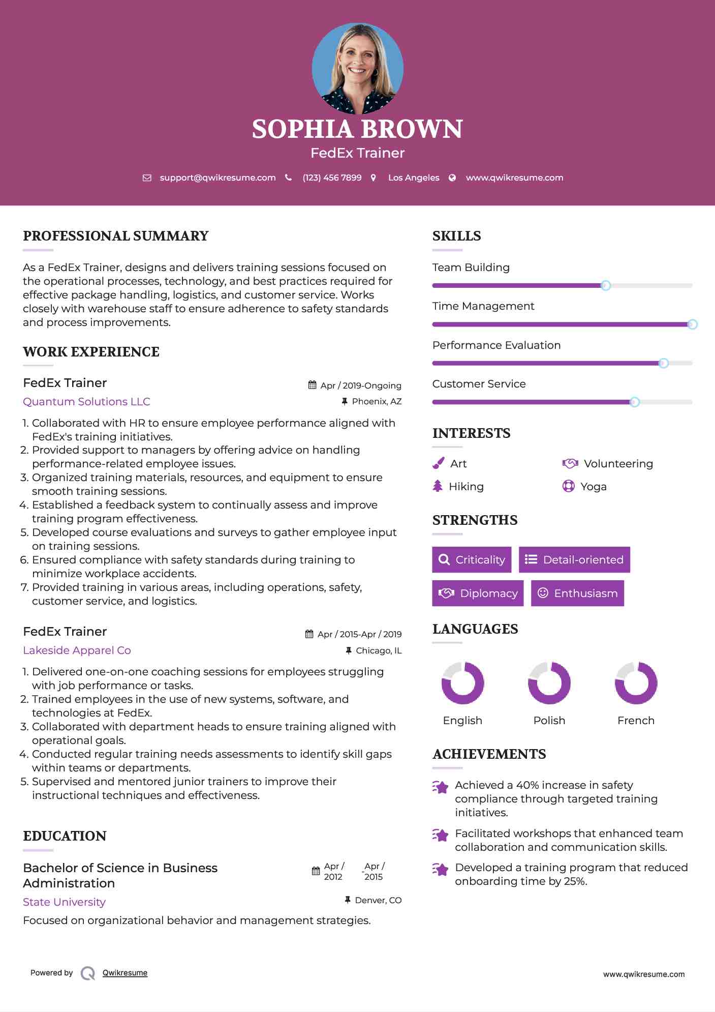 FedEx Trainer Resume Format