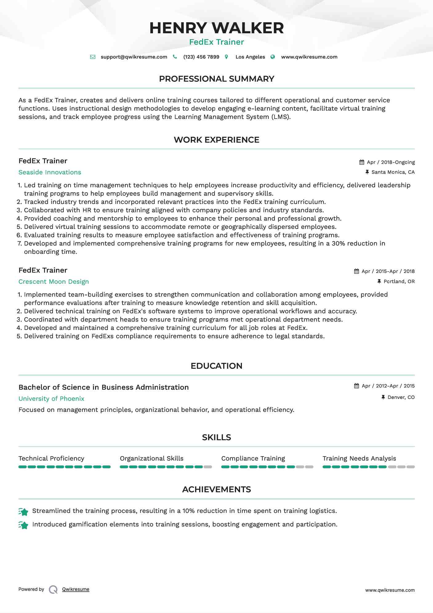 FedEx Trainer Resume Sample