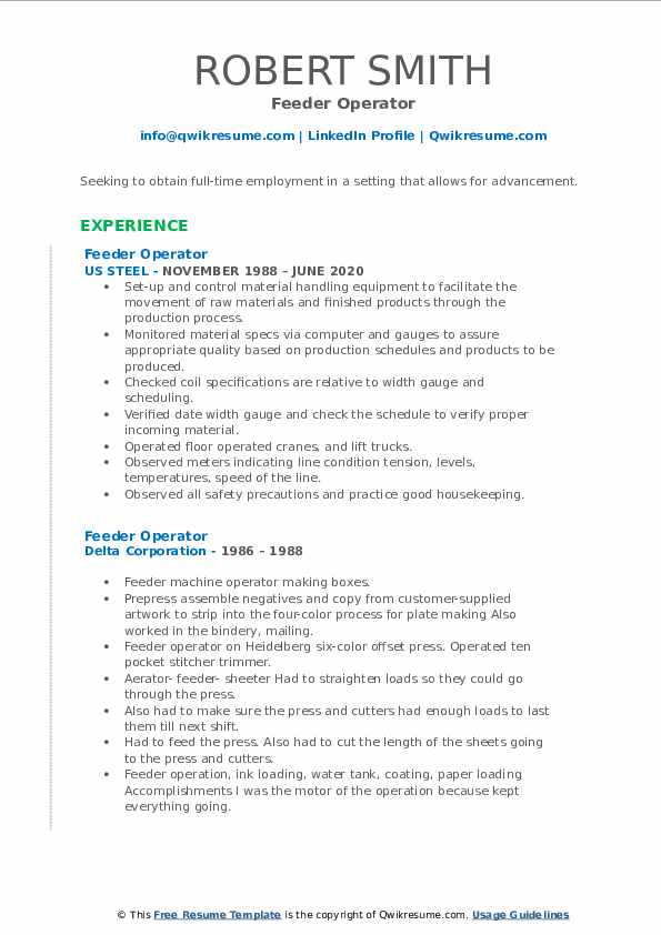 Feeder Operator Resume Samples QwikResume
