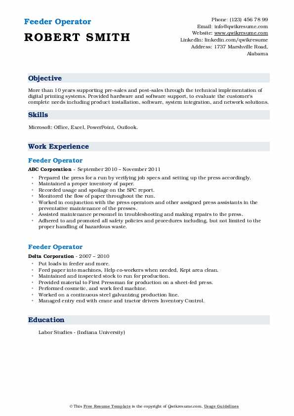 Feeder Operator Resume Samples QwikResume