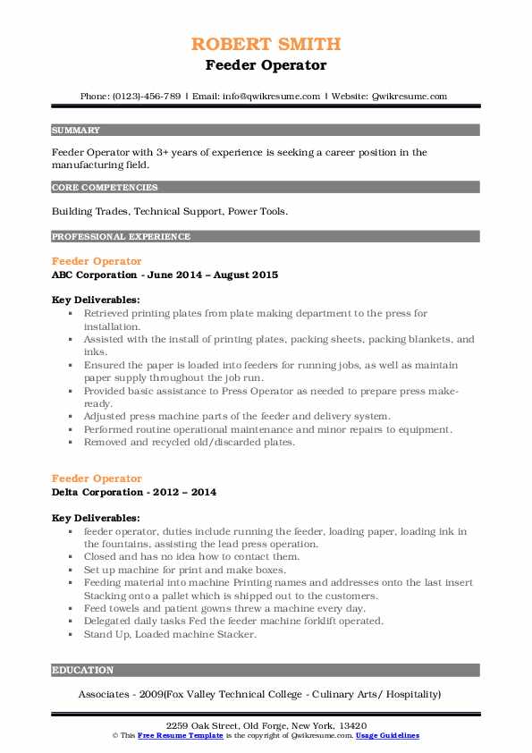 Feeder Operator Resume Samples QwikResume