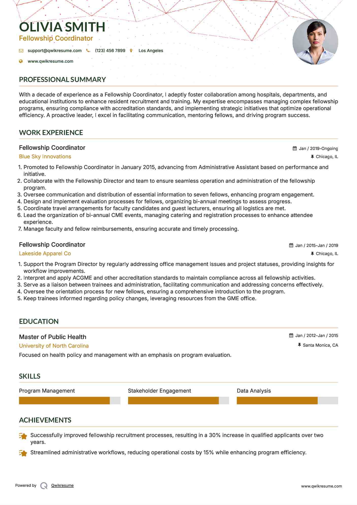 Fellowship Coordinator Resume Example