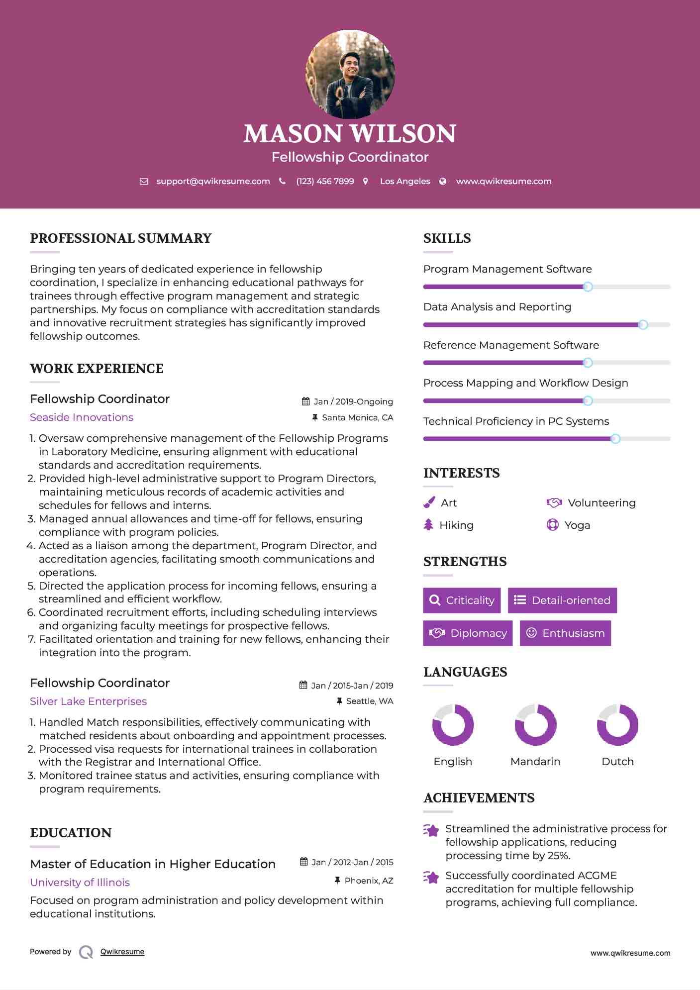 Fellowship Coordinator Resume Example