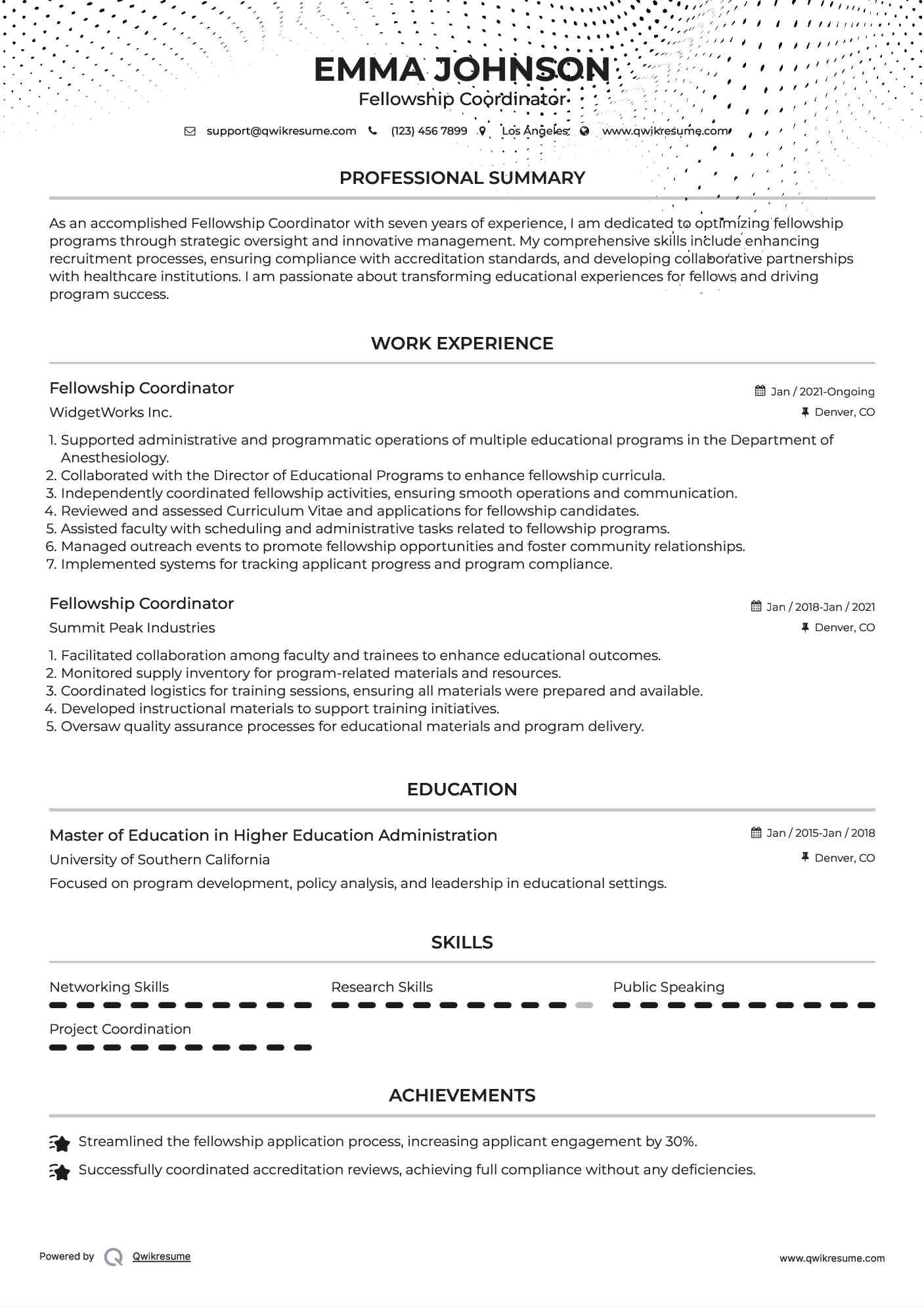 Fellowship Coordinator Resume Sample