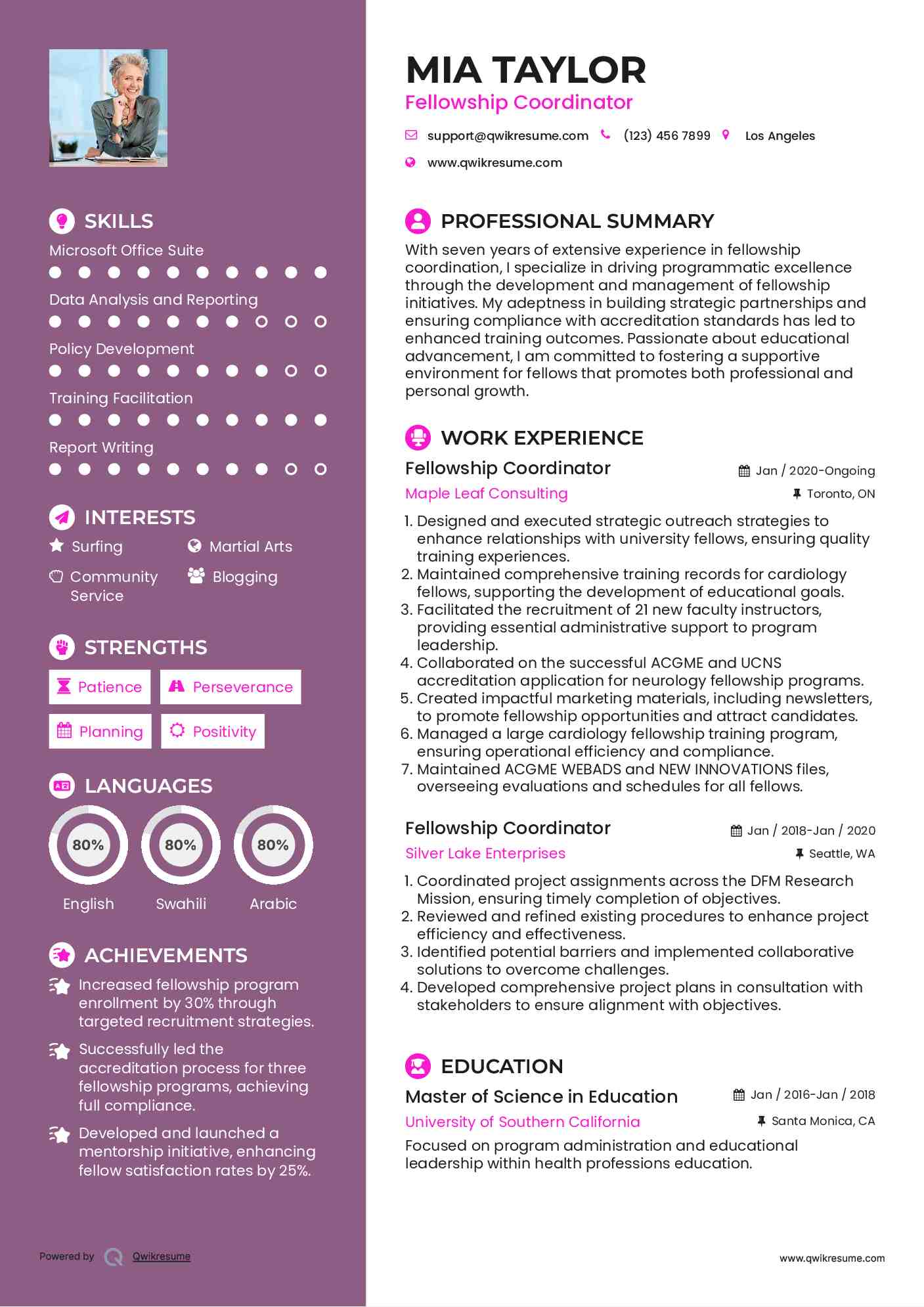 Fellowship Coordinator Resume Format