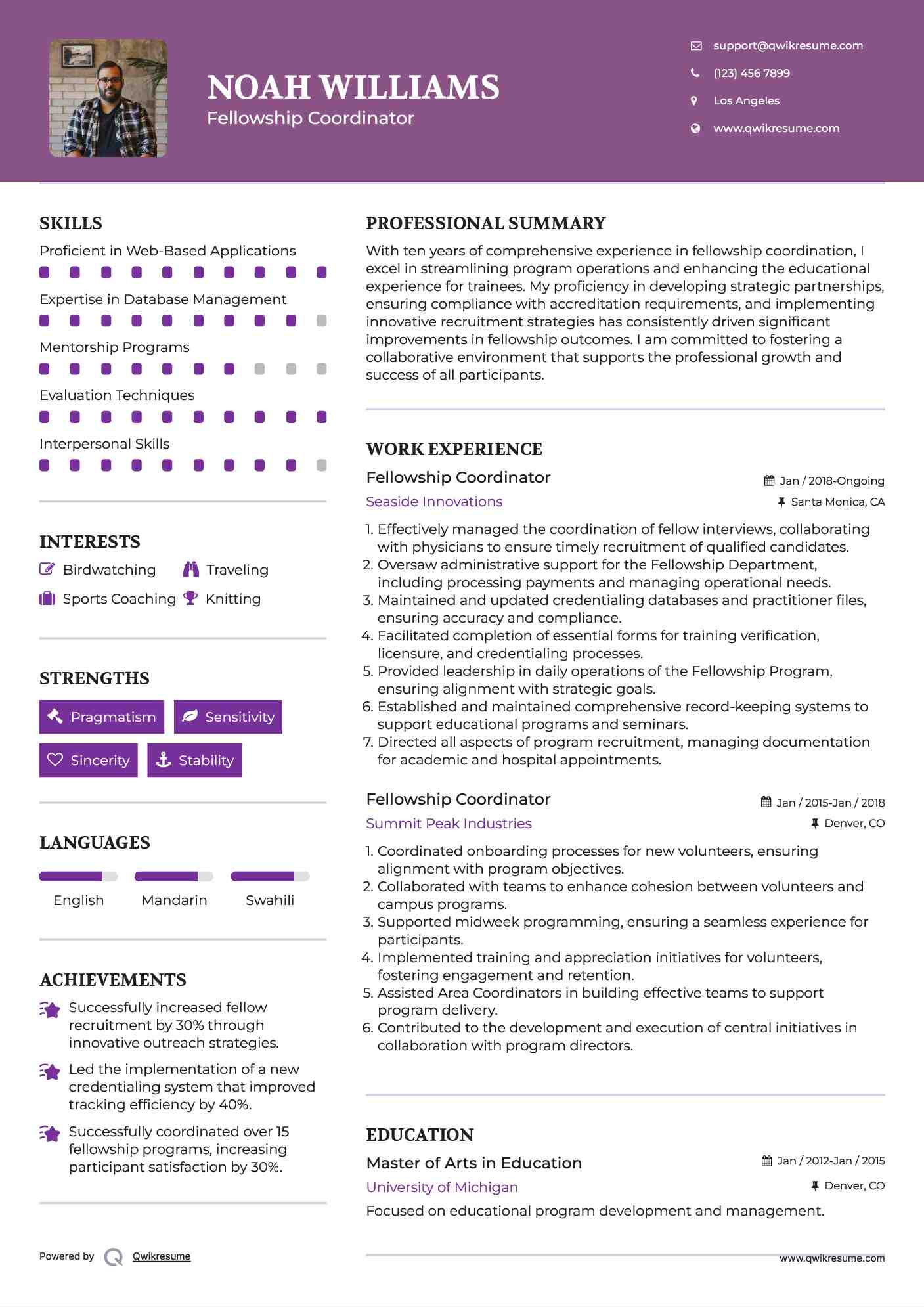 Fellowship Coordinator Resume Sample