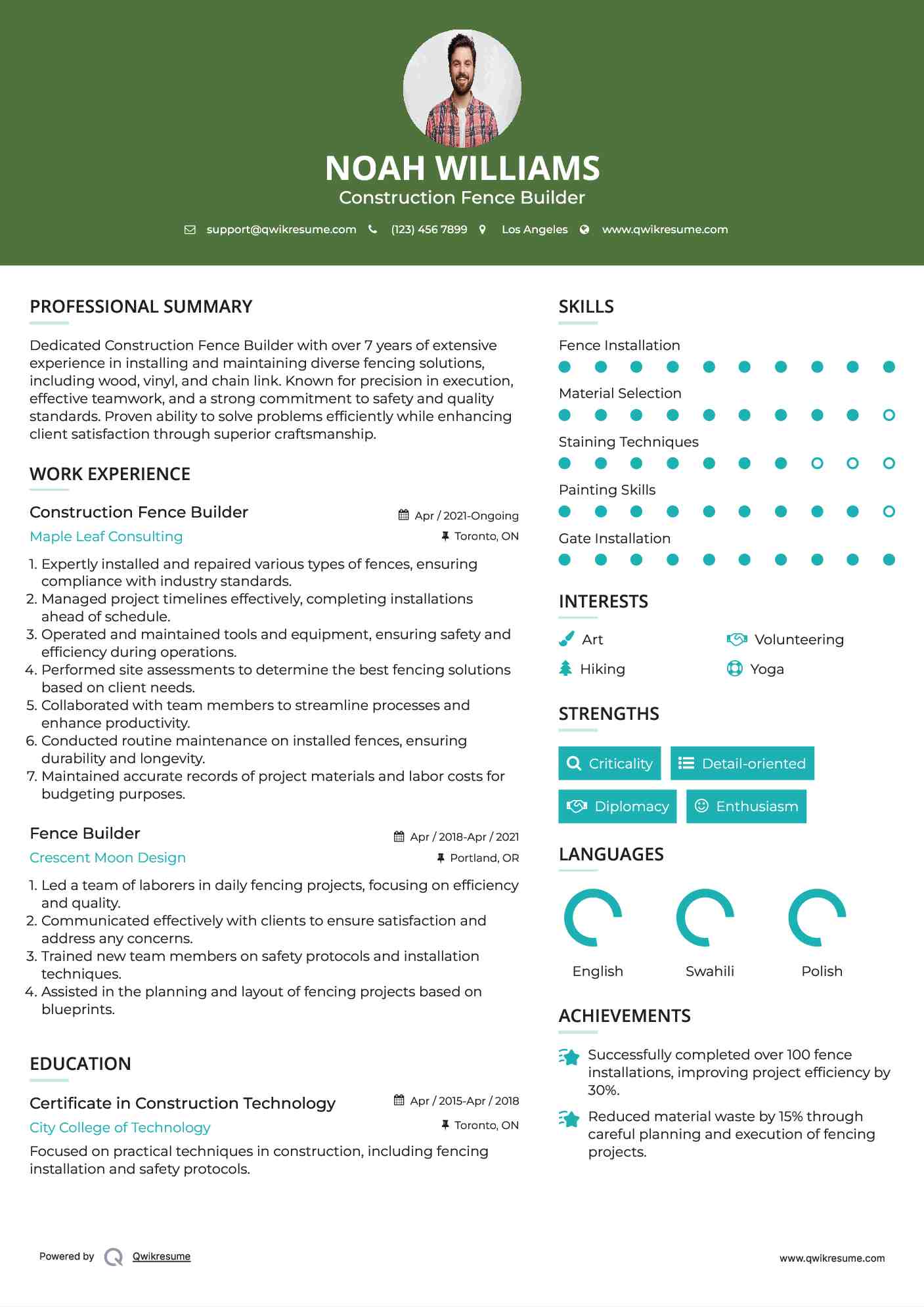 Construction Fence Builder Resume Example