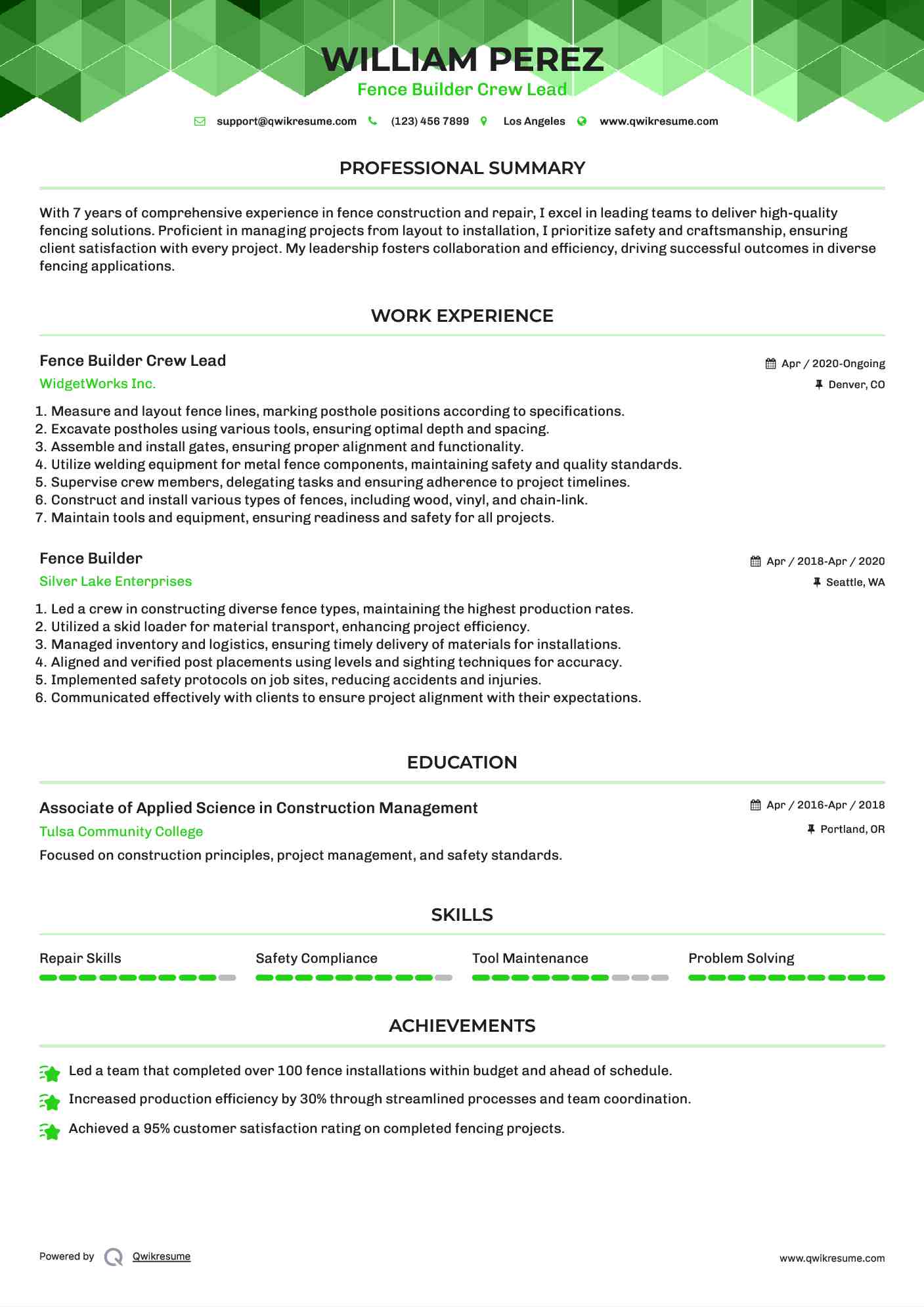 Fence Builder Crew Lead Resume Model