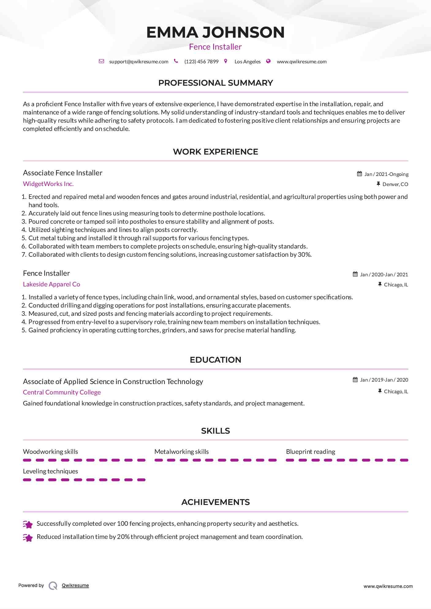 Associate Fence Installer Resume Sample