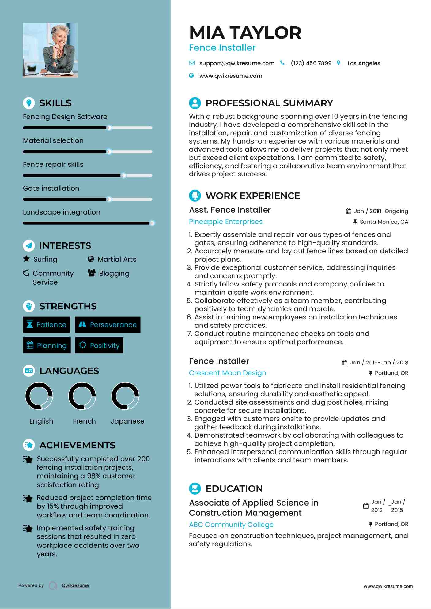 Asst. Fence Installer  Resume Model