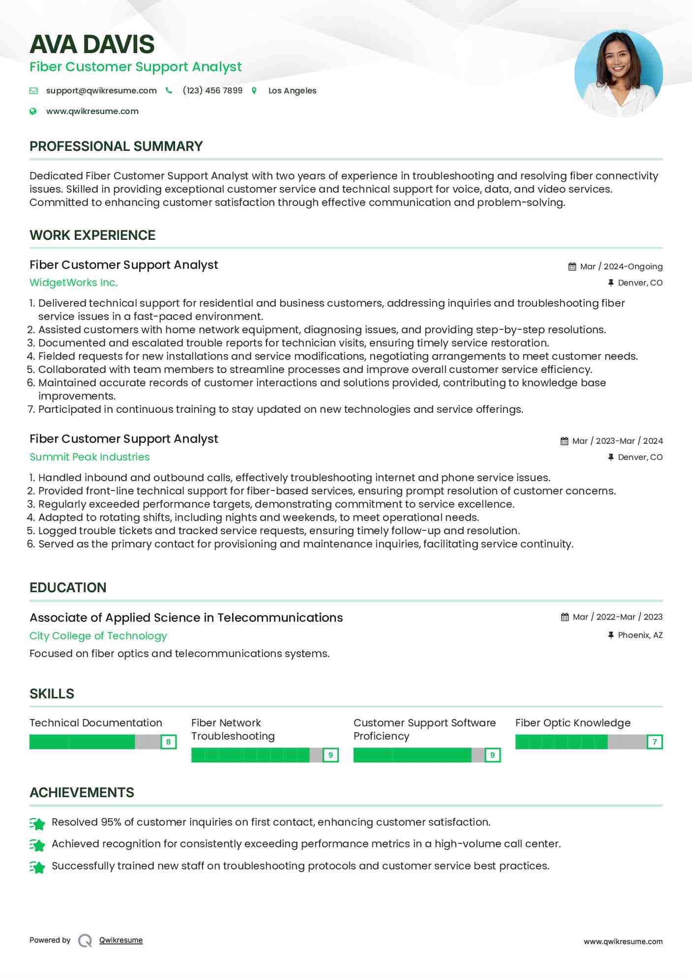 Fiber Customer Support Analyst Resume Model