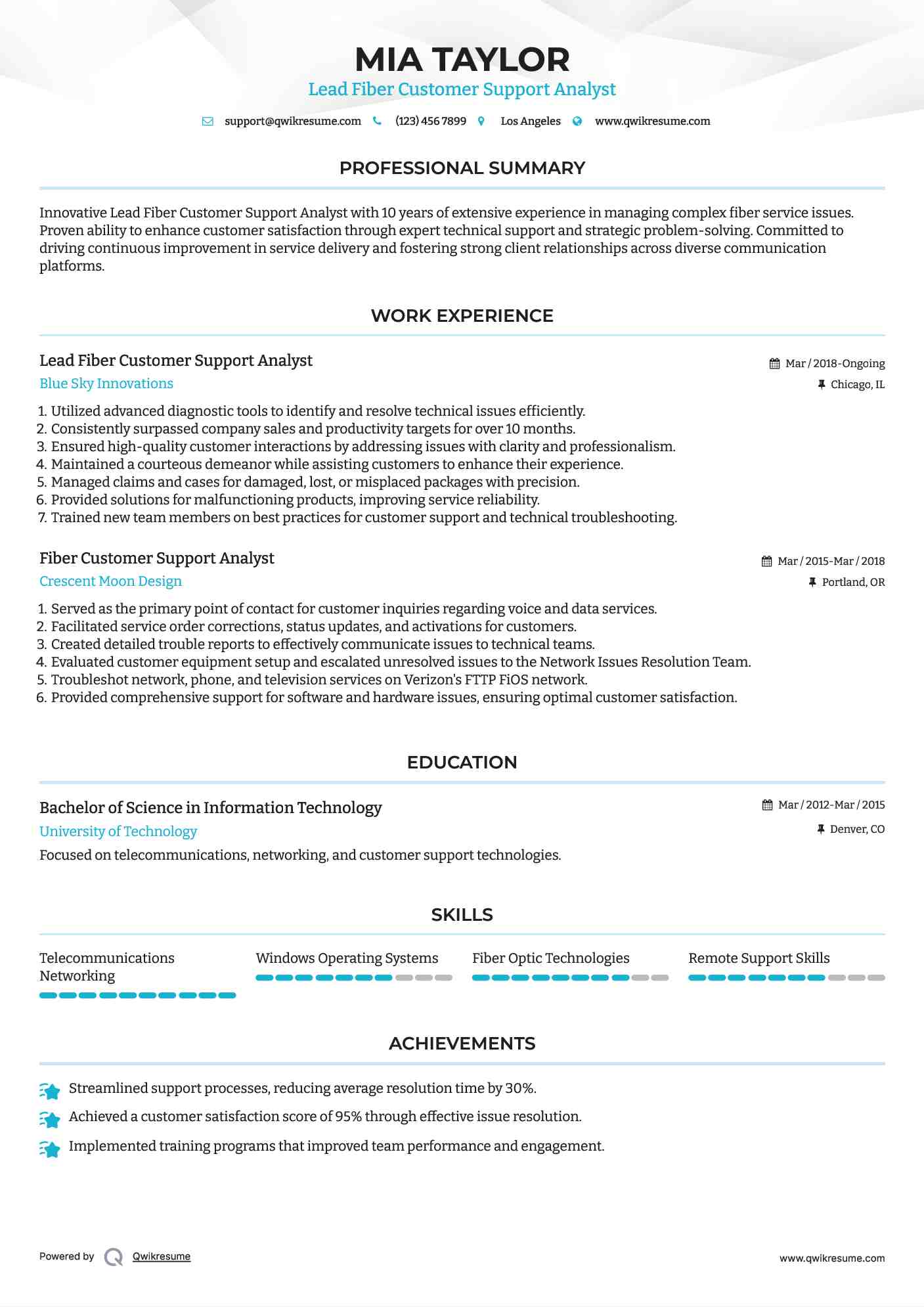Lead Fiber Customer Support Analyst Resume Format