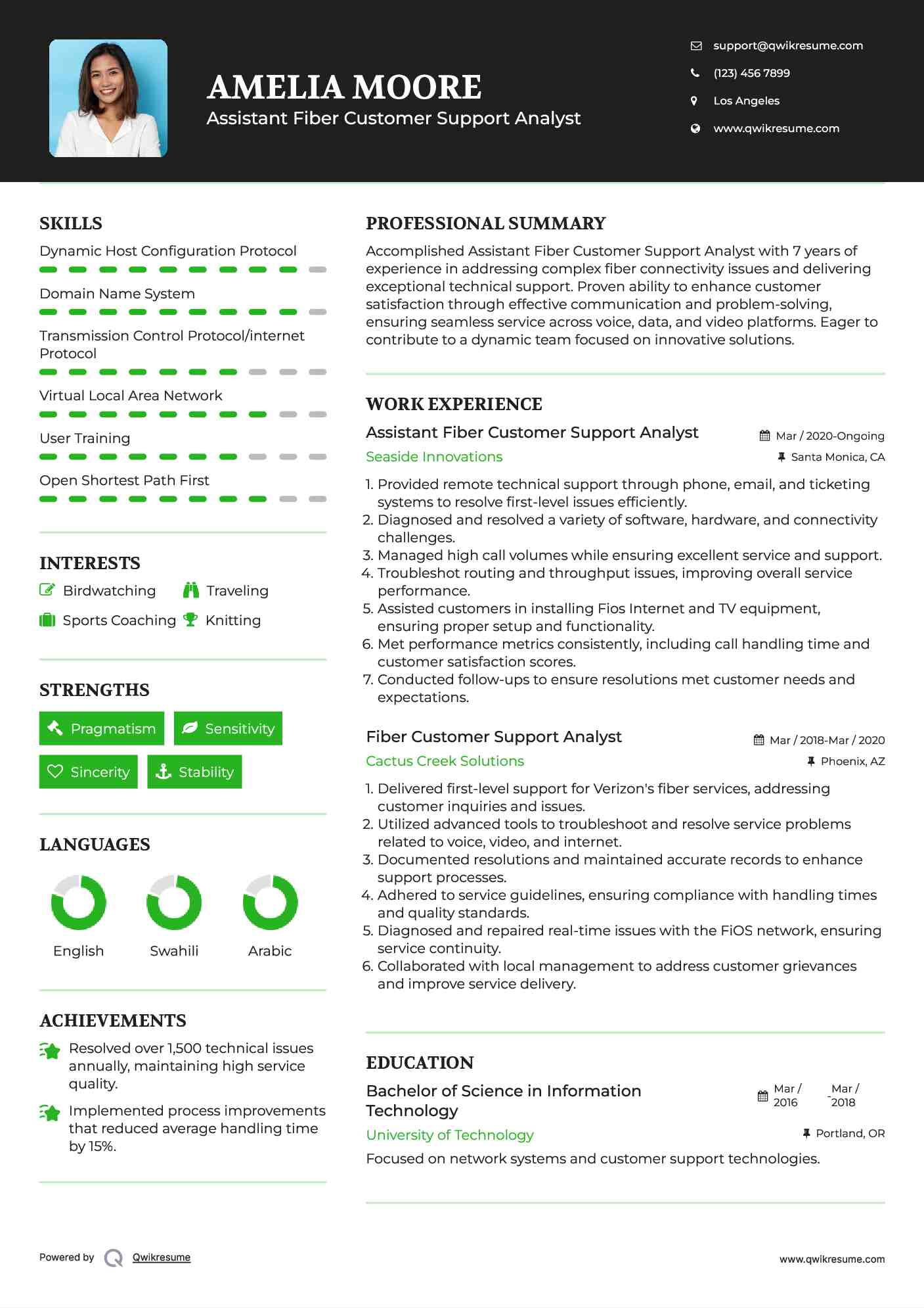 Assistant Fiber Customer Support Analyst Resume Sample