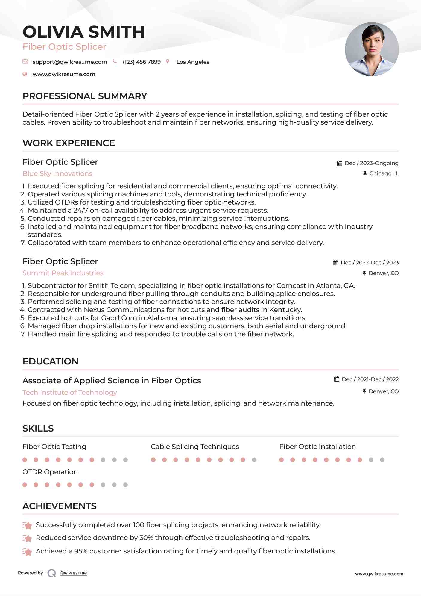 Fiber Optic Splicer Resume Samples QwikResume