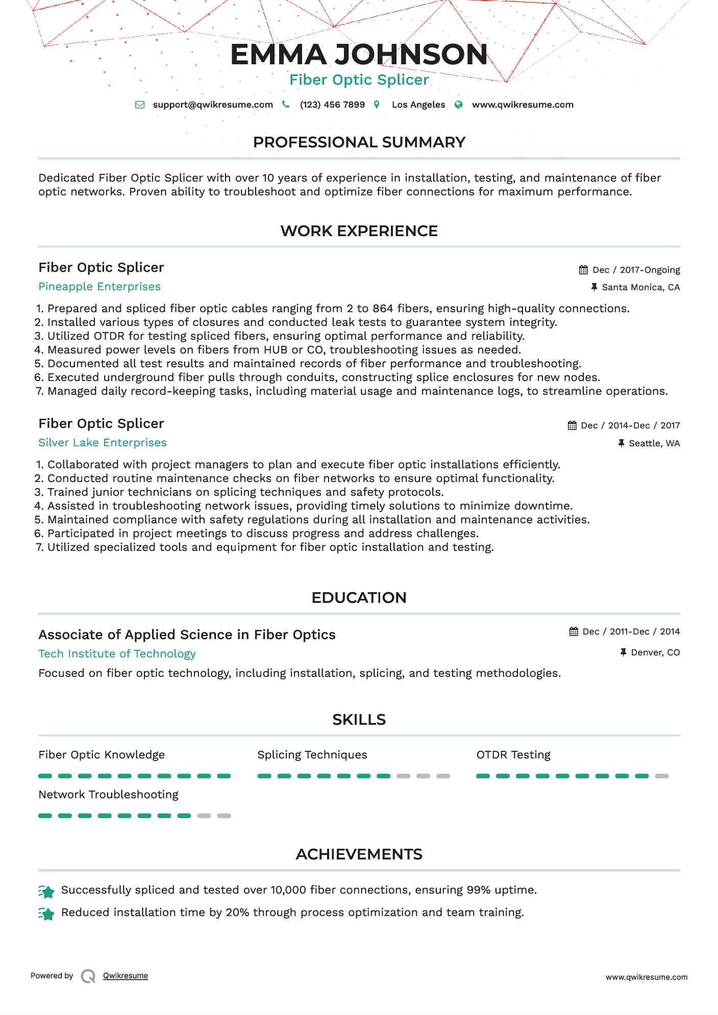 Fiber Optic Splicer Resume Samples QwikResume