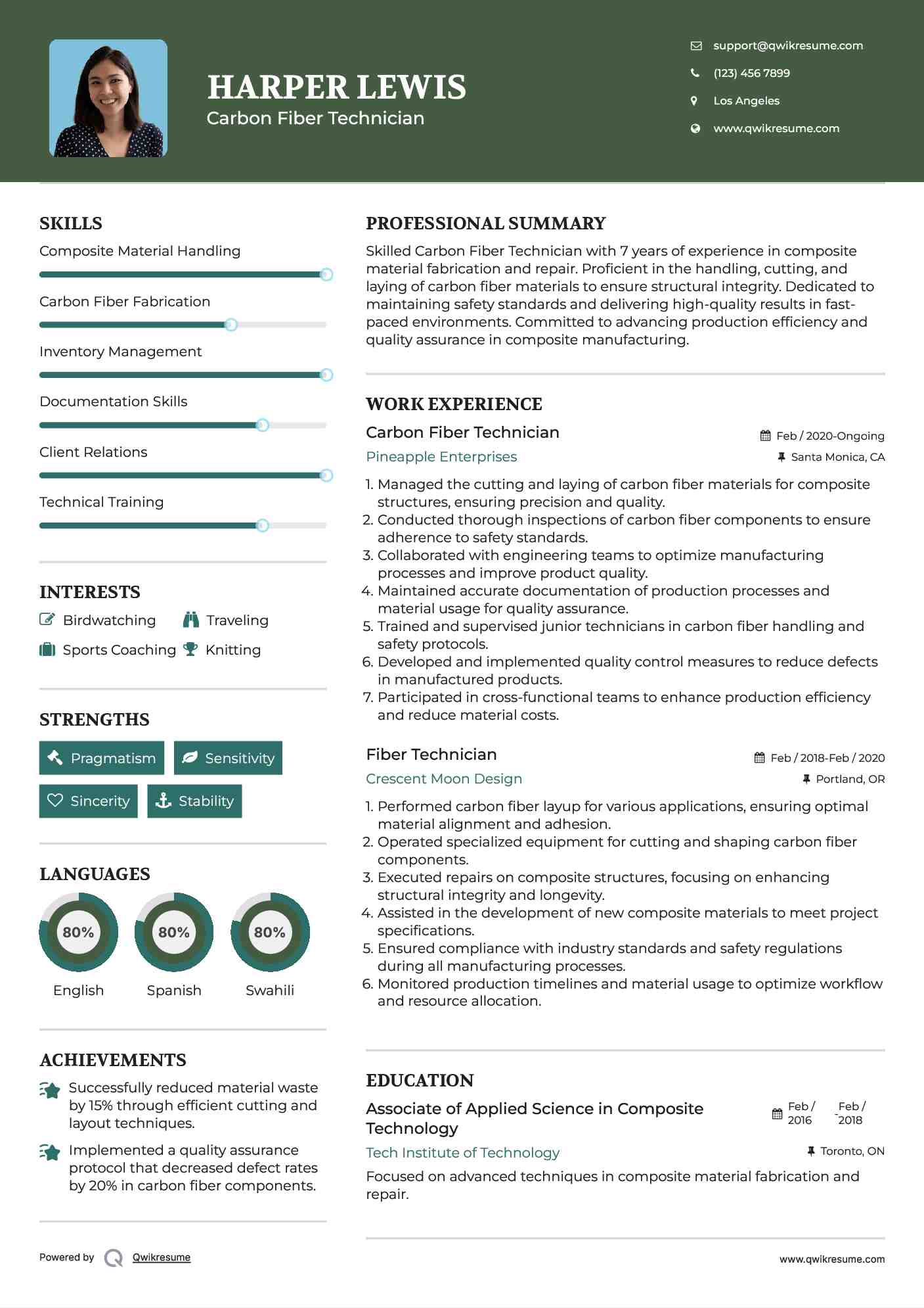 Carbon Fiber Technician Resume Sample