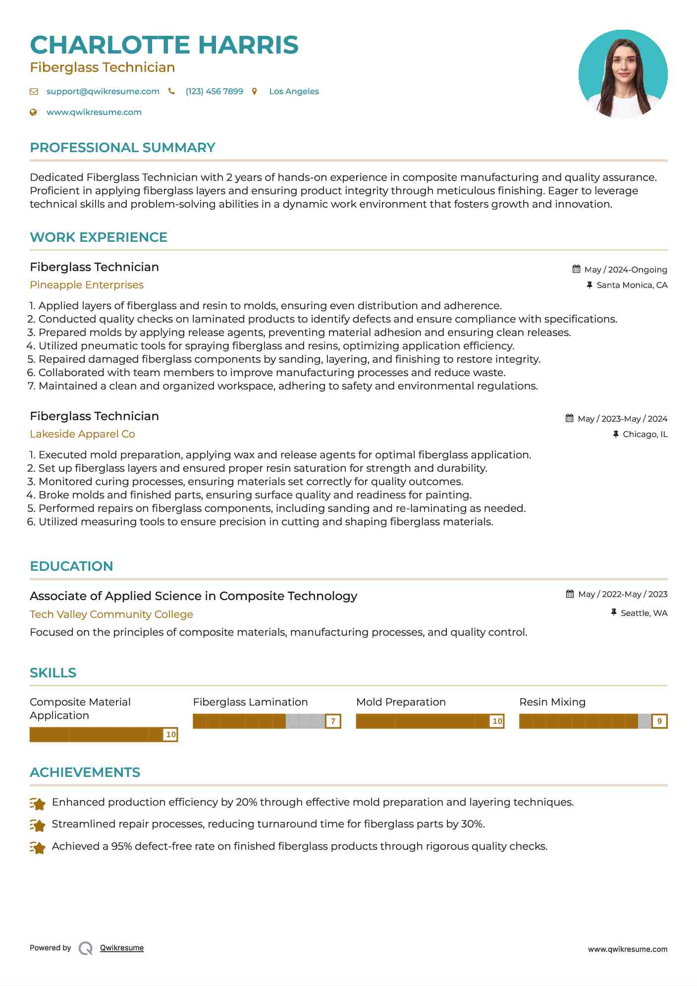 Fiberglass Technician Resume Example