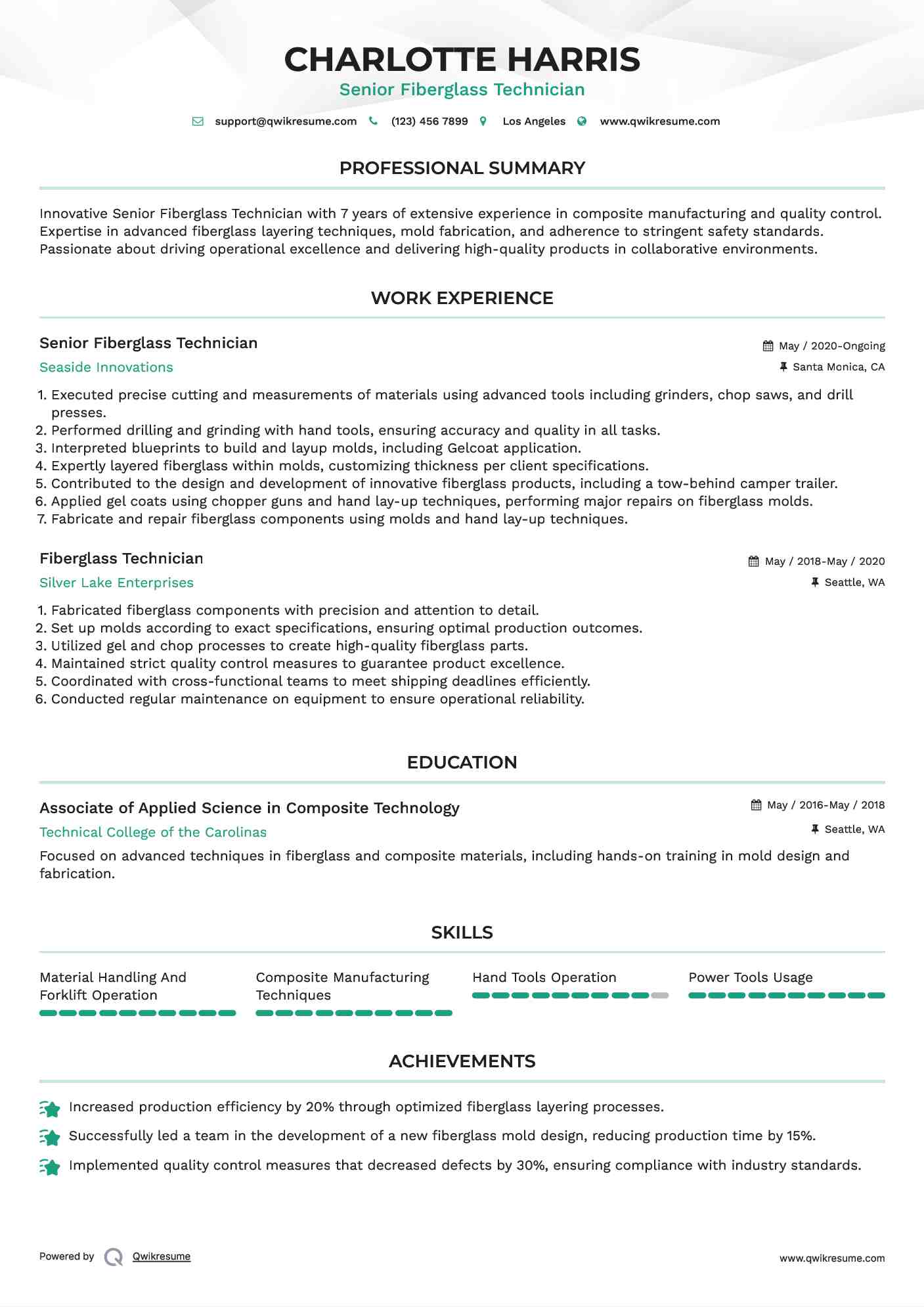Senior Fiberglass Technician Resume Template