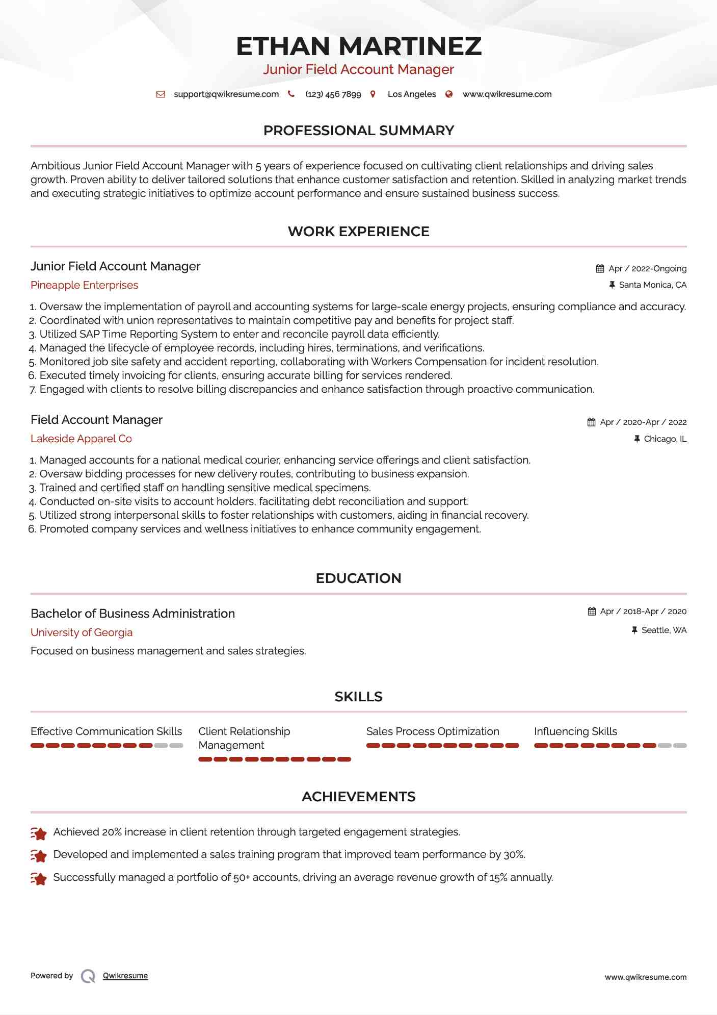 Junior Field Account Manager Resume Format