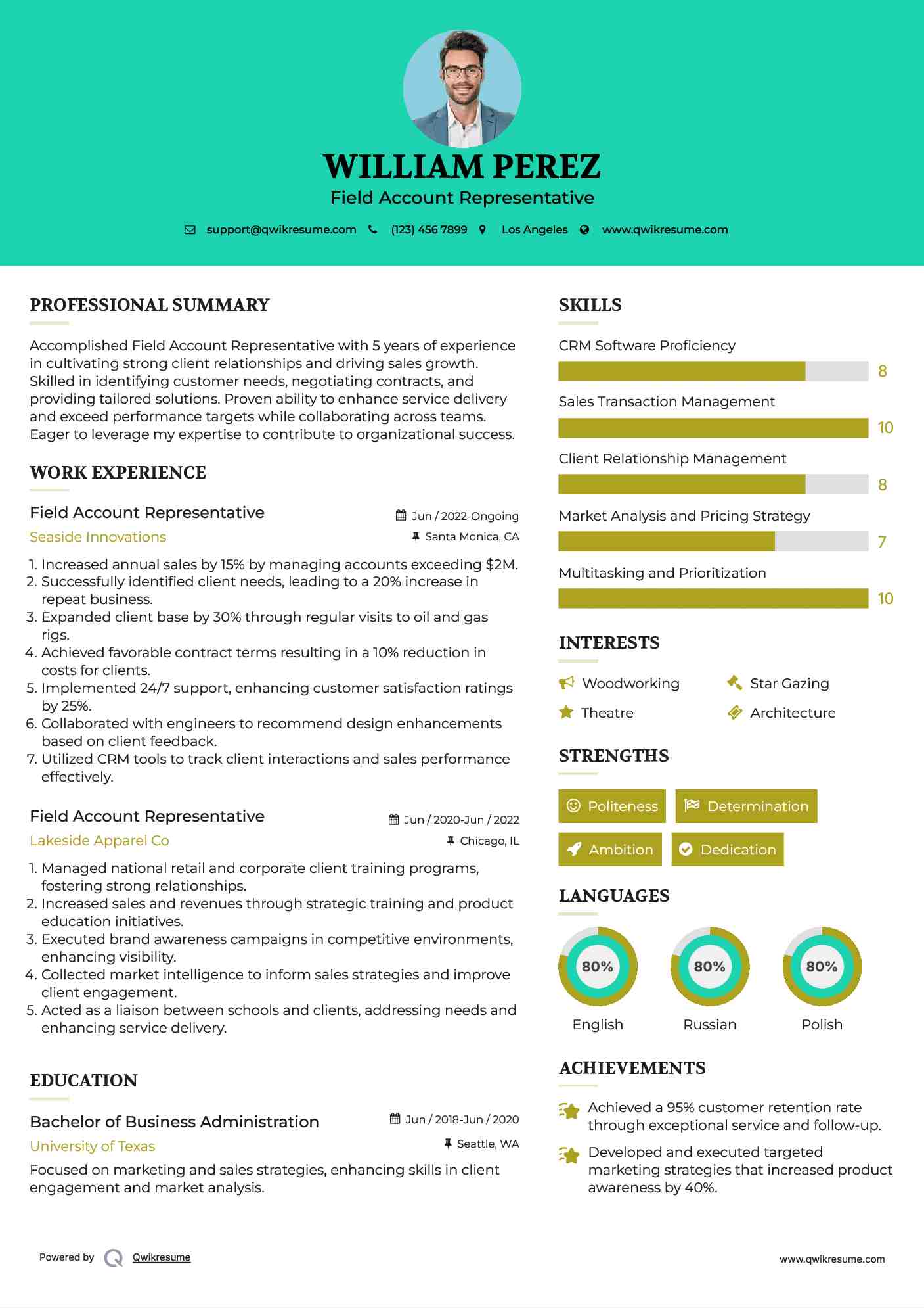 Field Account Representative Resume Sample