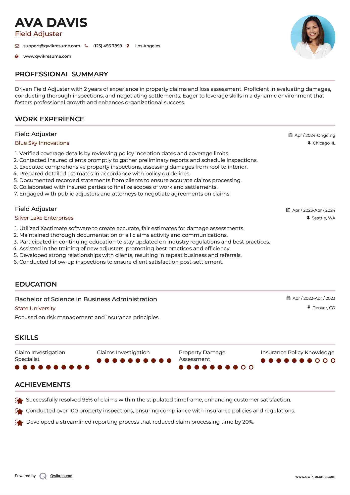 Field Adjuster Resume Sample