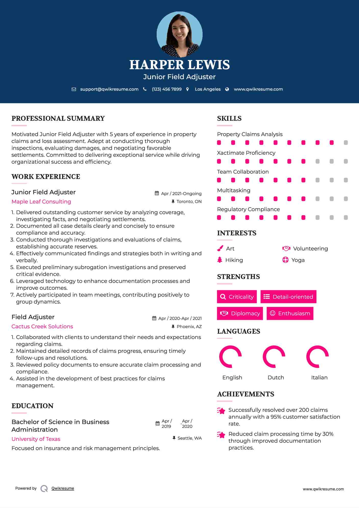 Junior Field Adjuster Resume Example