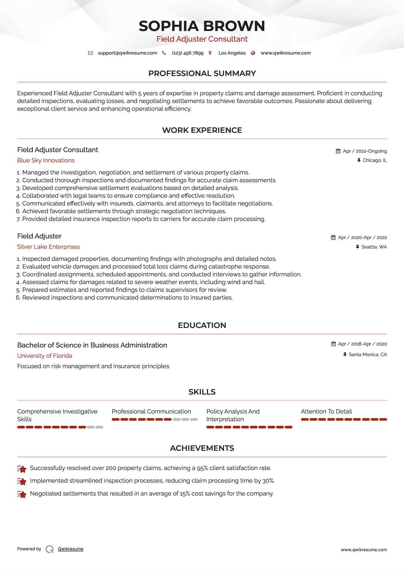Field Adjuster Consultant Resume Sample
