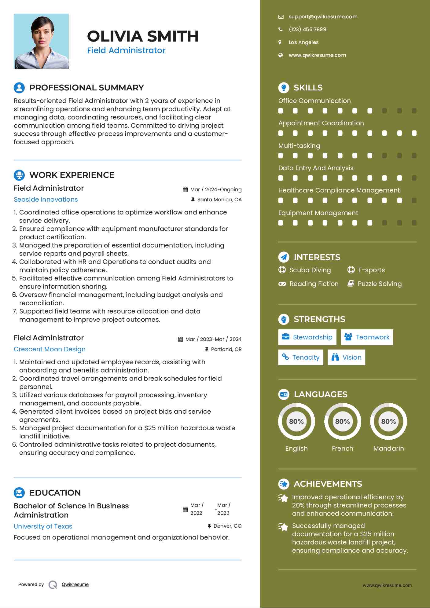 Field Administrator Resume Example
