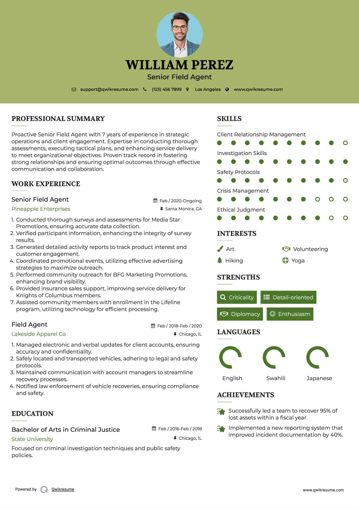 Field Agent Resume Samples QwikResume