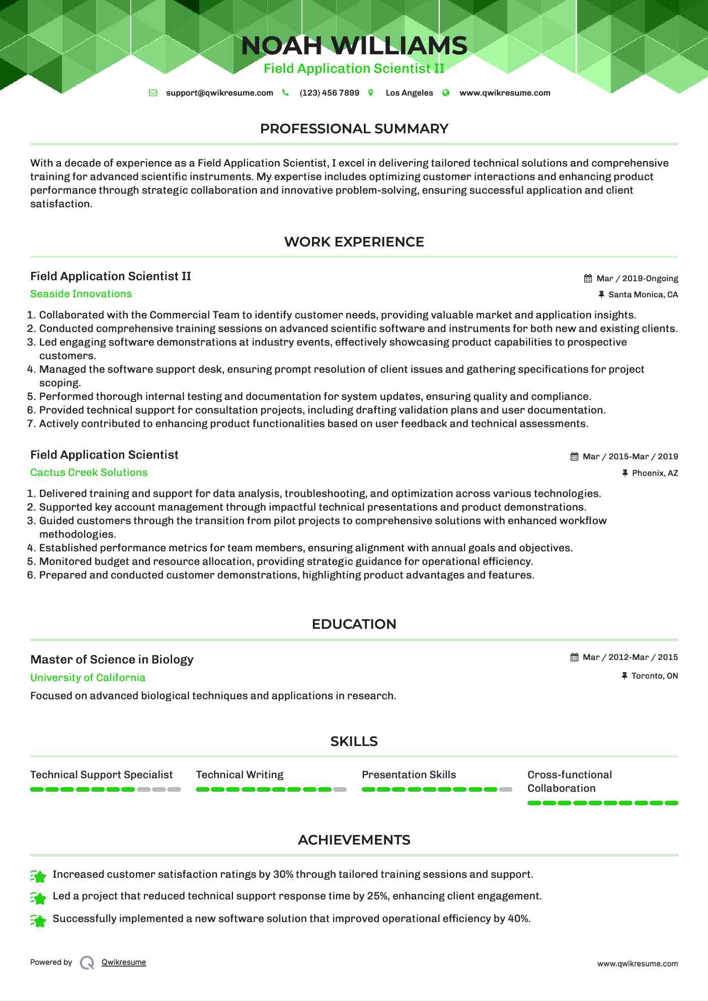 Field Application Scientist II Resume Template
