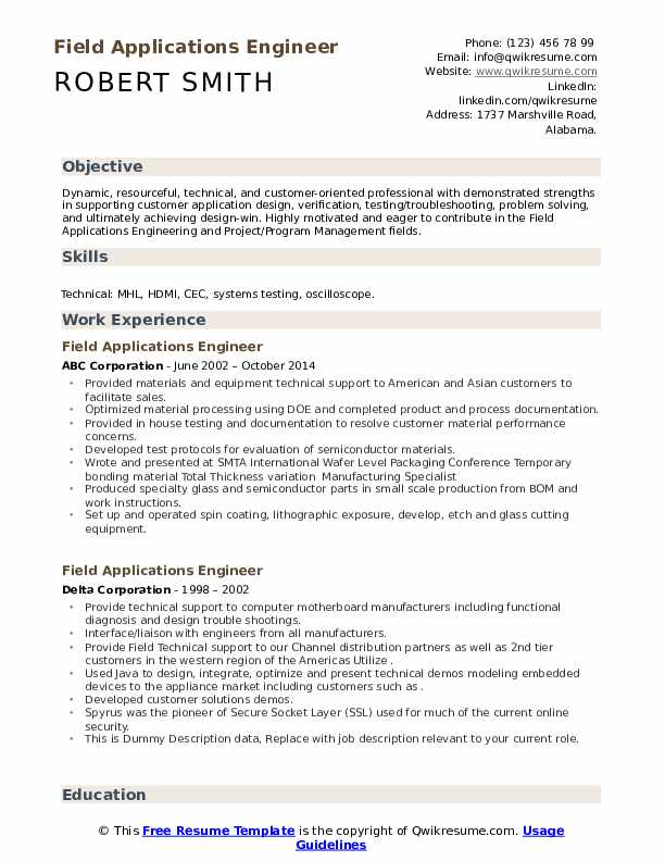 Field Applications Engineer Resume Samples QwikResume