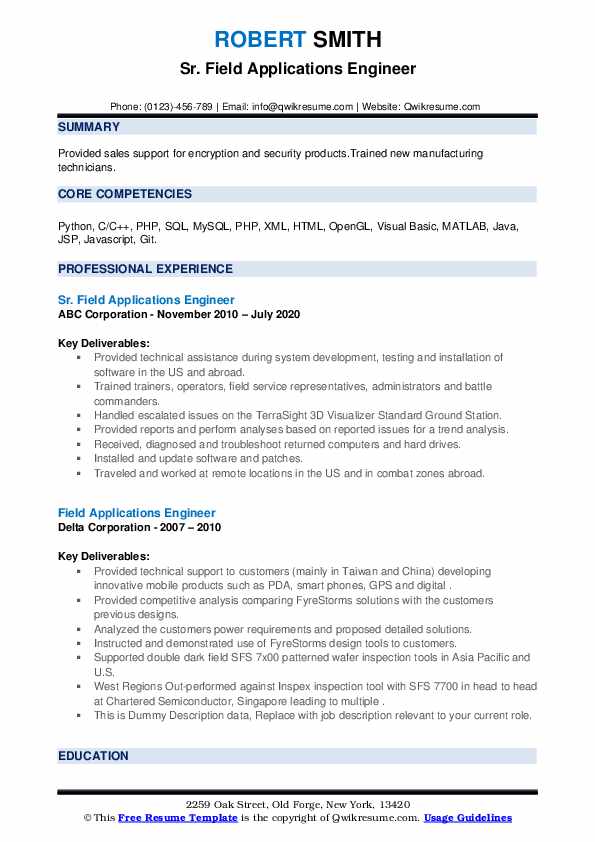 Field Applications Engineer Resume Samples QwikResume