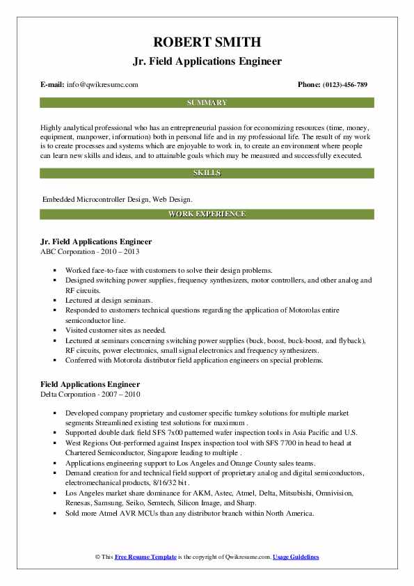 Field Applications Engineer Resume Samples QwikResume