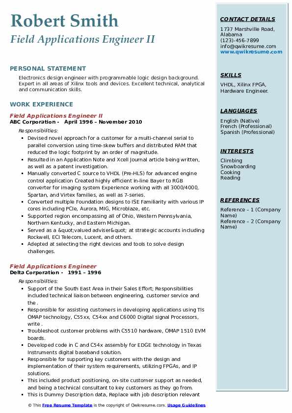 Field Applications Engineer Resume Samples QwikResume