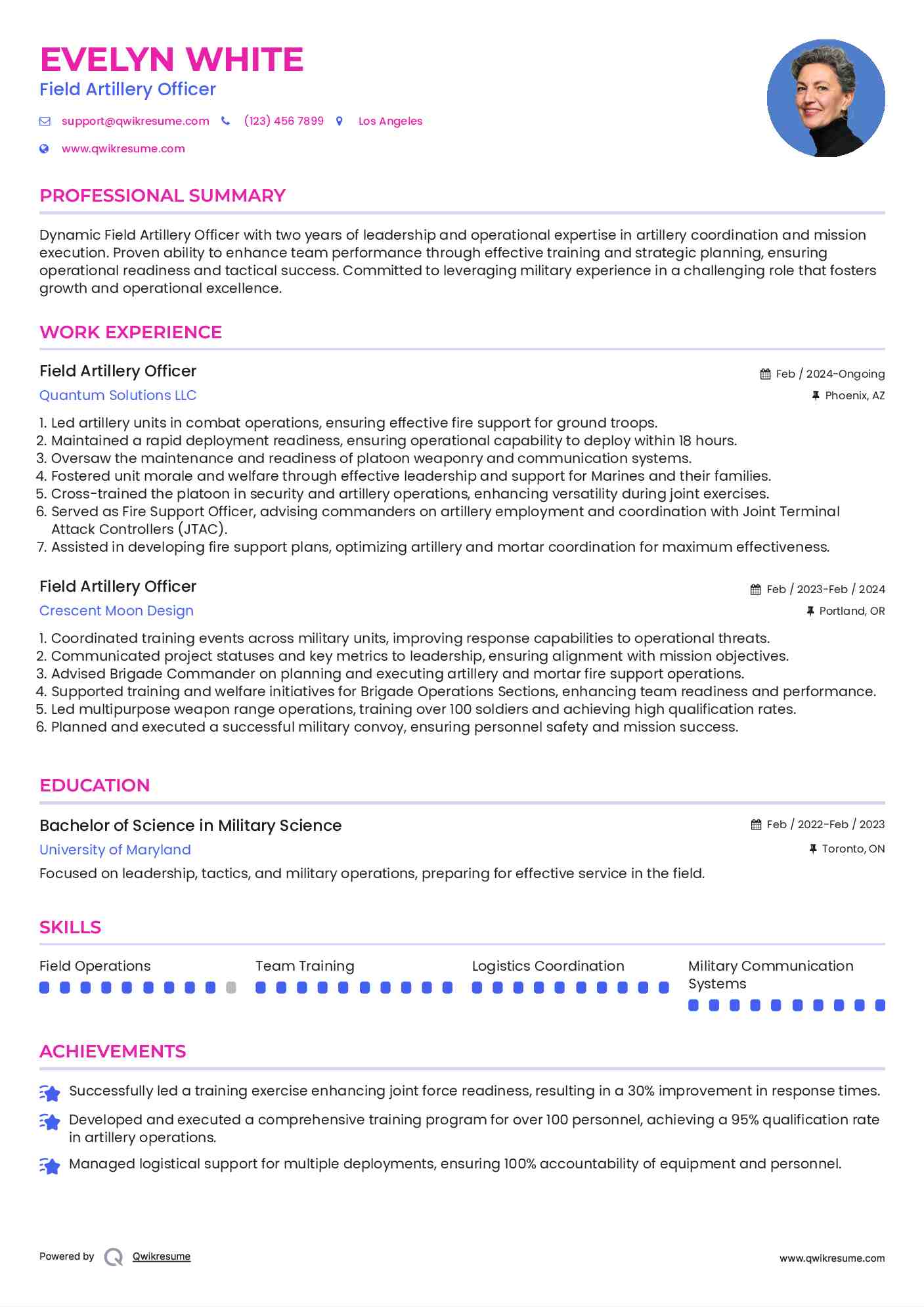 Field Artillery Officer Resume Samples QwikResume