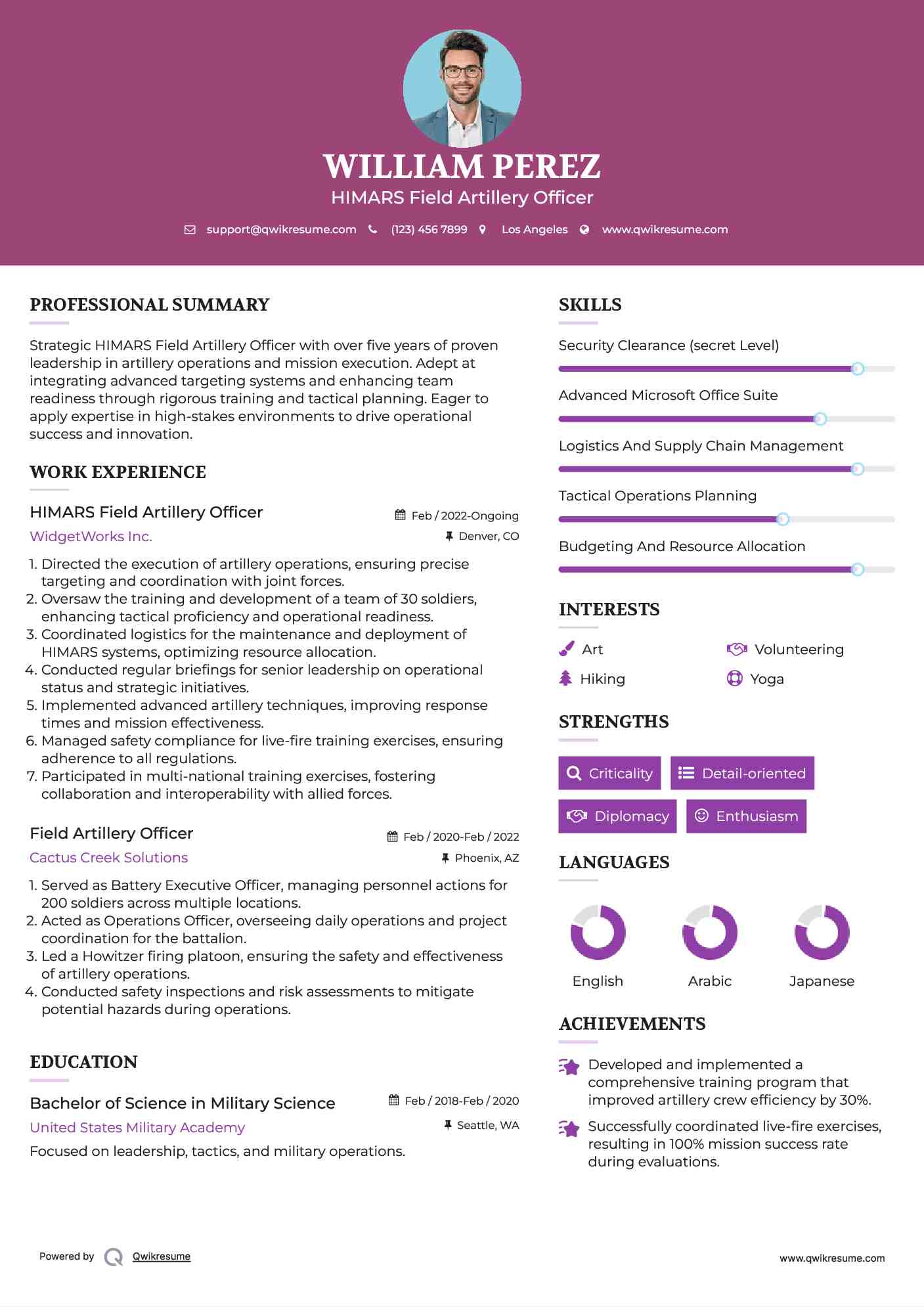 HIMARS Field Artillery Officer Resume Model