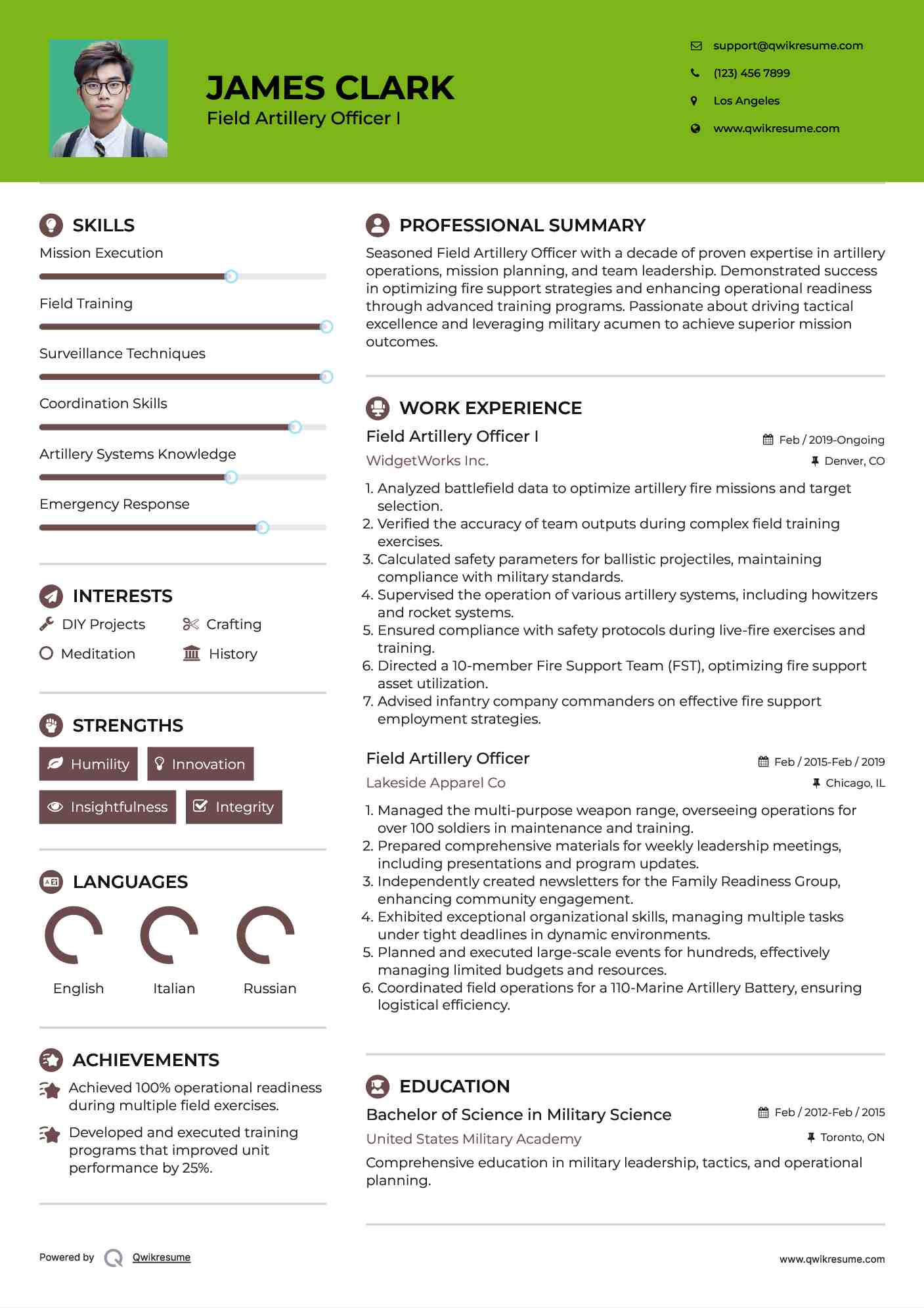 Field Artillery Officer I Resume Sample