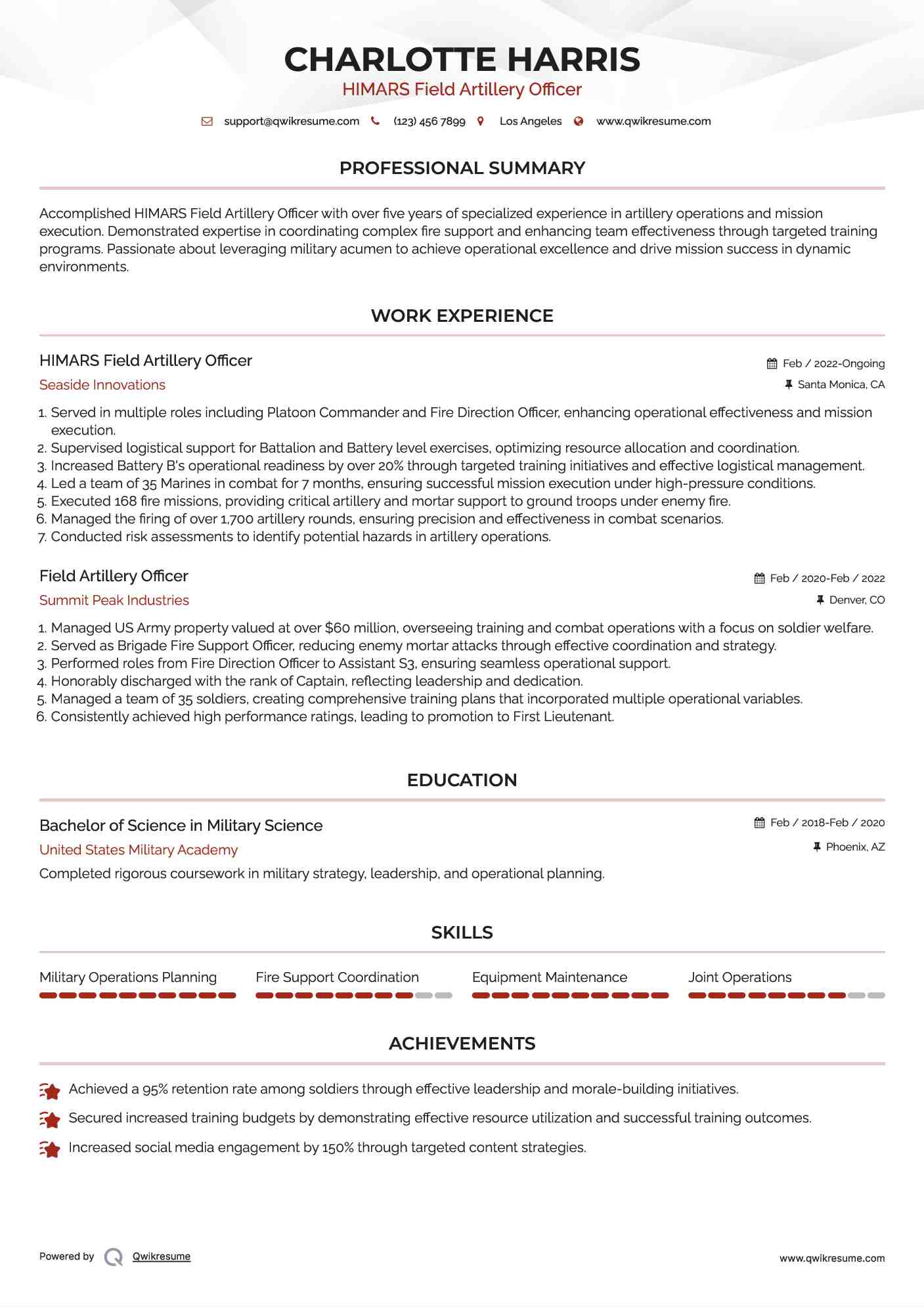 HIMARS Field Artillery Officer Resume Example