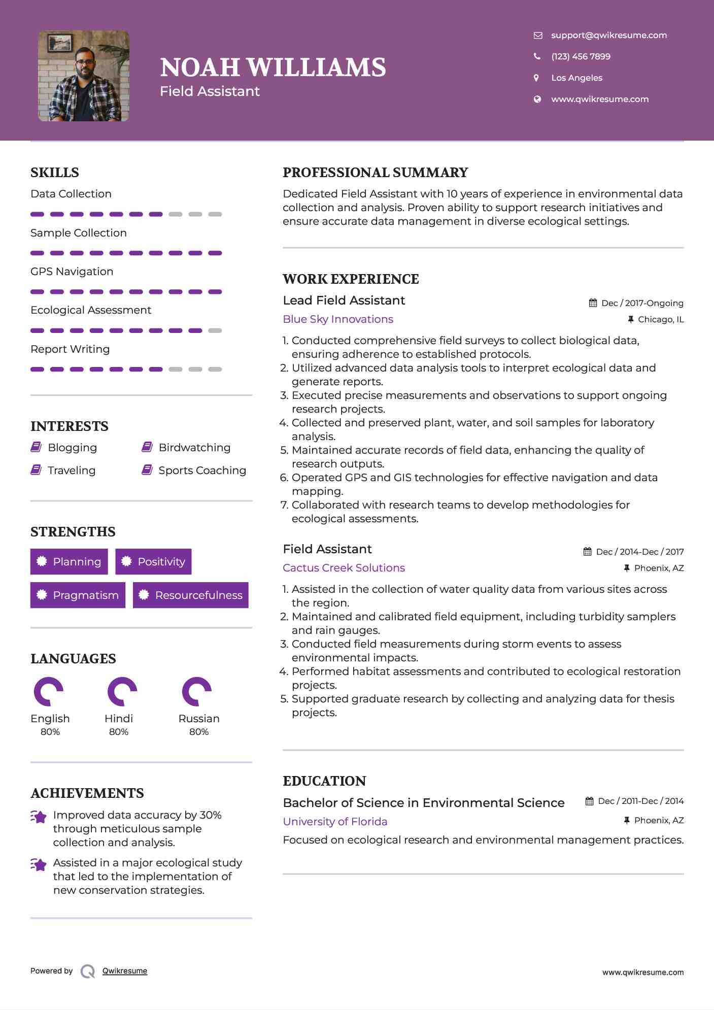 Field Assistant Resume Samples QwikResume